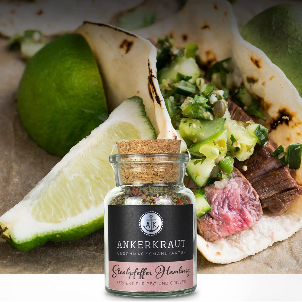 Ankerkraut Steakpfeffer Hamburg, Pfefferkörner Hausmischung, grober Steakhouse-Pfeffer, frische Note, Universal Allrounder, Lecker Kochen mit Qualität, 80 g im Korkenglas