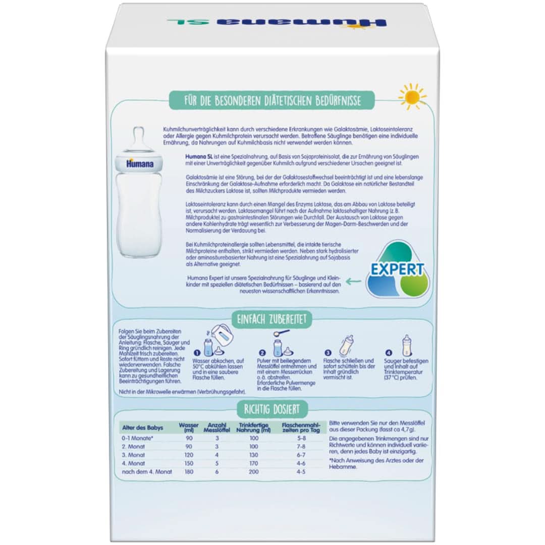 Humana SL Expert, dalla nascita, alimento speciale per intolleranza al latte vaccino dovuta a intolleranza al lattosio, galattosemia o allergia alle proteine ​​del latte vaccino, per neonati e bambini piccoli, 600 G Madre e bambino Naty Shop