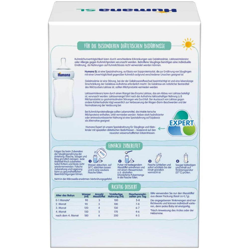 Humana SL Expert, dalla nascita, alimento speciale per intolleranza al latte vaccino dovuta a intolleranza al lattosio, galattosemia o allergia alle proteine ​​del latte vaccino, per neonati e bambini piccoli, 600 G Madre e bambino Naty Shop