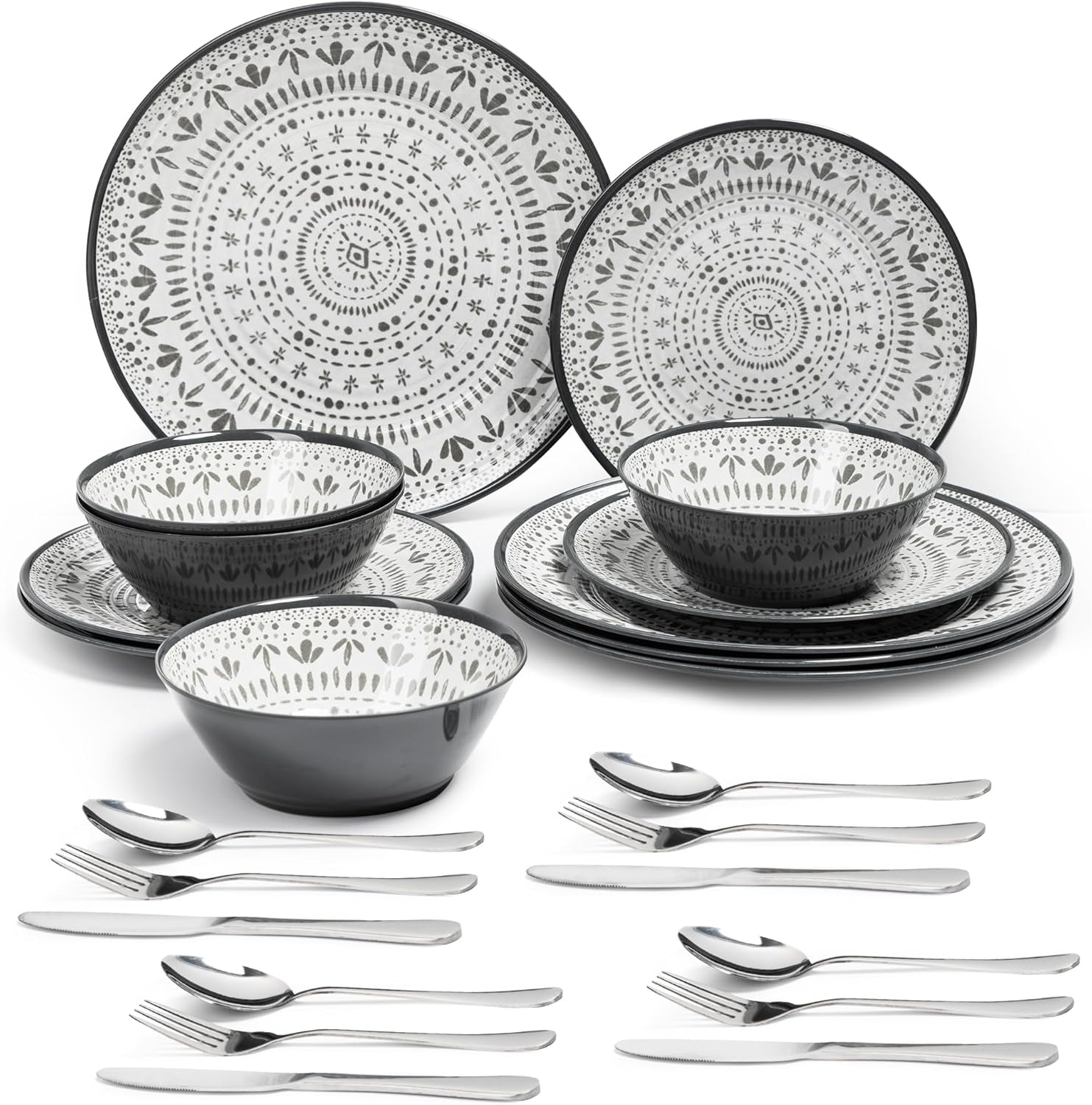 Set de tacâmuri din melamină, format din 24 de piese, tacâmuri pentru camping pentru 4 persoane, set de farfurii și veselă - pentru călătorii și utilizare în aer liber