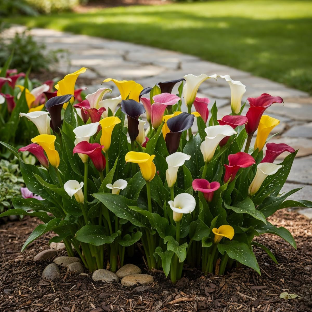Calla Lilien Zwiebeln Winterhart Mehrjährig - Zantedeschia - 10 große Blumenzwiebeln, 5 Sorten Mix - Echte Pflanzen aus Holland - für Garten und Topf (grosse Knollen, kein Samen und nicht künstlich)