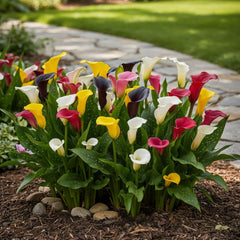 Calla Lilien Zwiebeln Winterhart Mehrjährig - Zantedeschia - 10 große Blumenzwiebeln, 5 Sorten Mix - Echte Pflanzen aus Holland - für Garten und Topf (grosse Knollen, kein Samen und nicht künstlich)