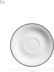 Mäser, seria Nola, serviciu modern de cafea pentru 6 persoane, alb cu margine neagră, set de veselă cu 18 piese, cești de cafea, farfurioare și farfurii de desert - serviciu rotund de cafea, set de cafea, alb