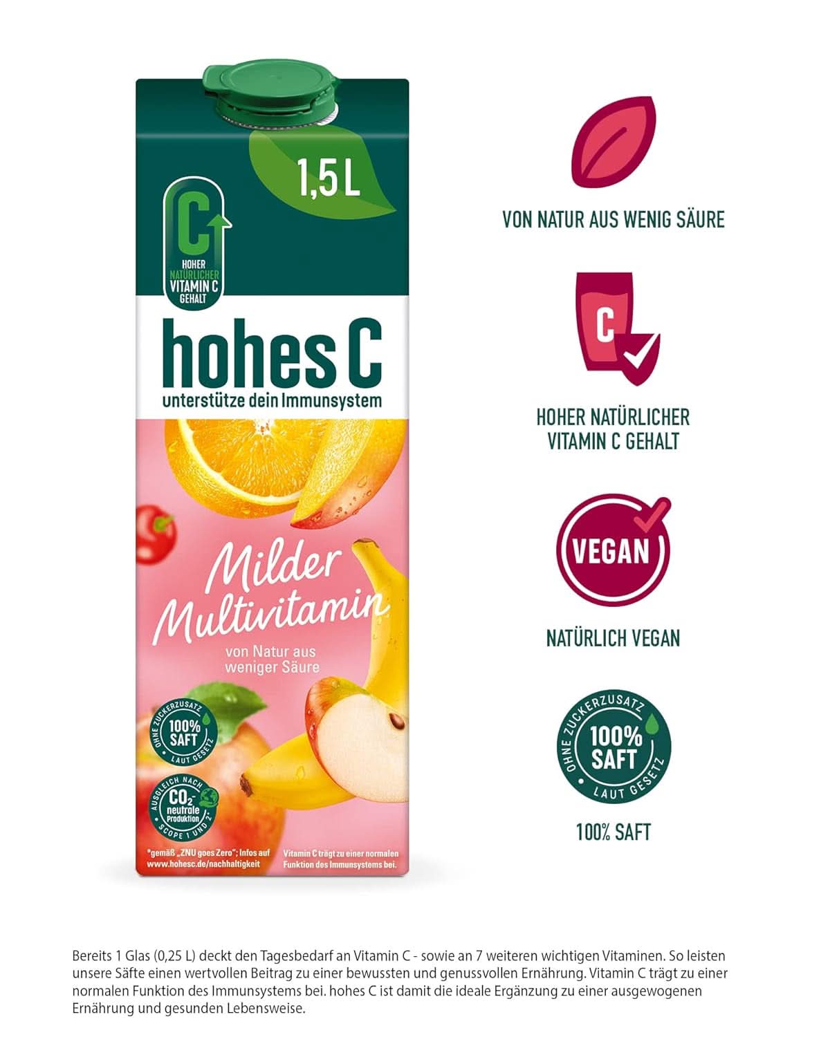Multivitaminico delicato High C (1 X 1,5 L), 100% succo di mela, arancia, acerola, mango, 7 vitamine, Senza zuccheri aggiunti a norma di legge, Meno acido, Vegan Bevande analcoliche Naty Shop