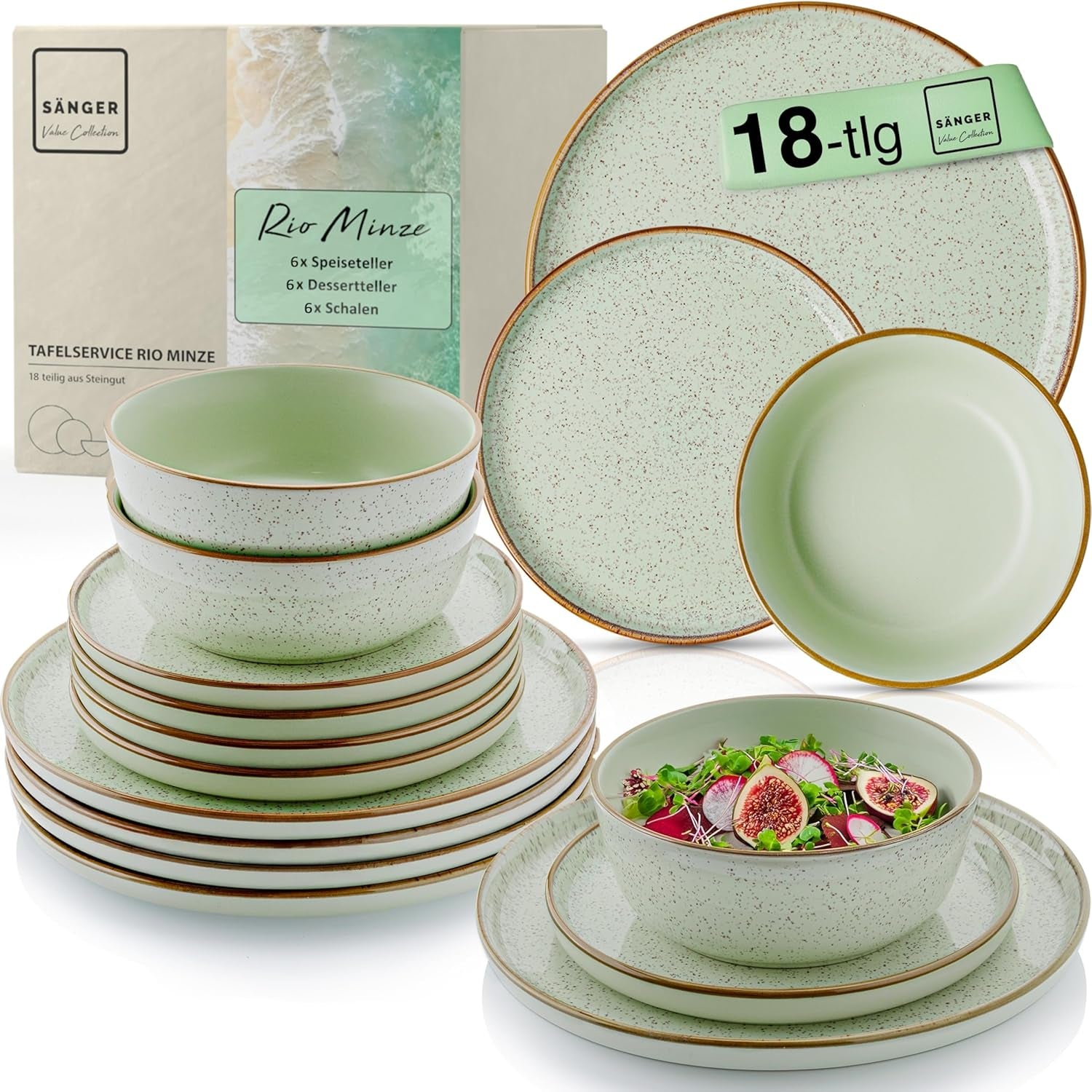 SÄNGER Rio Mint | Set de veselă din gresie pentru 6 persoane, 6 farfurii, 6 farfurii de desert, 6 boluri, verde mentă | COLECȚIA VALUE