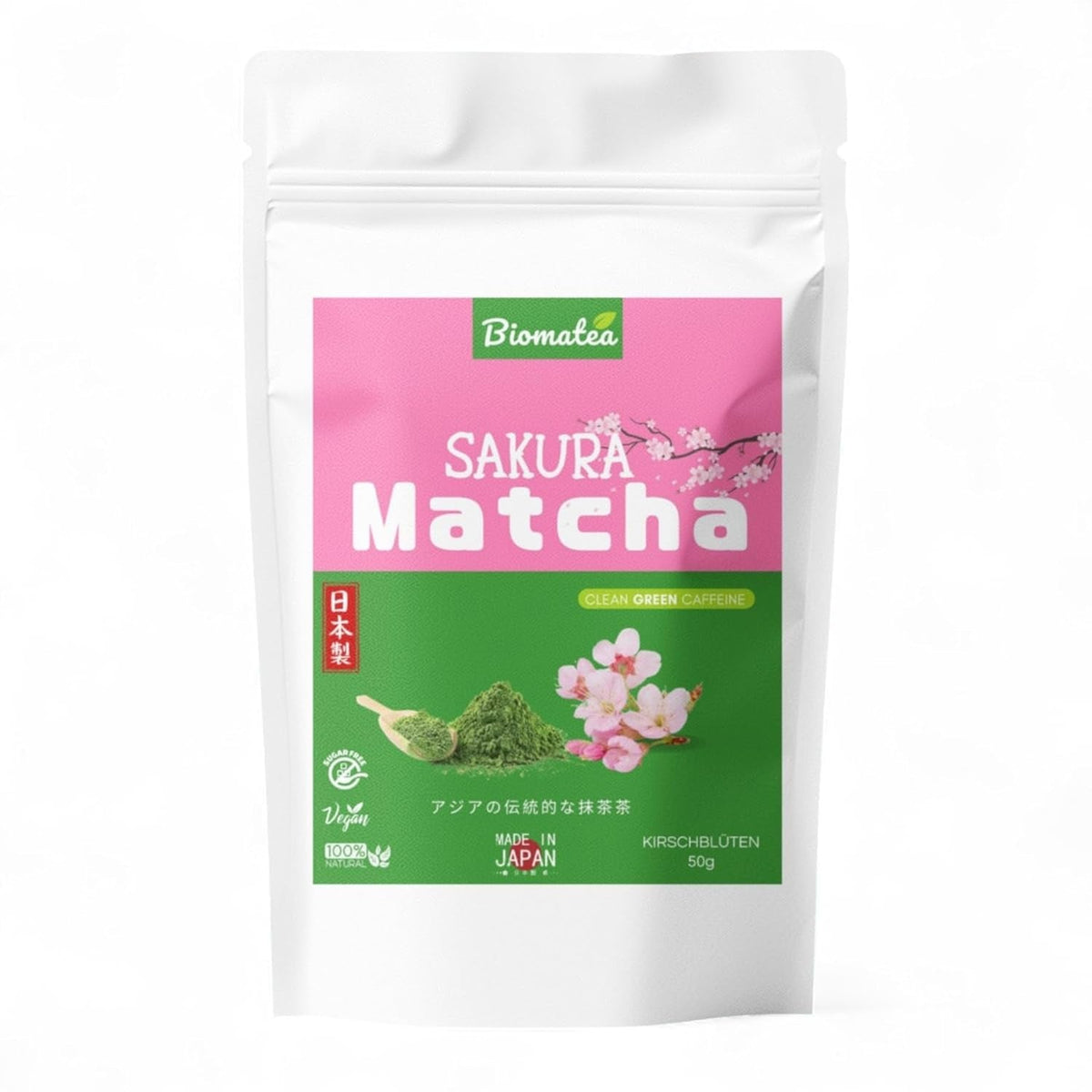 Ceai Sakura Matcha 50 g – de calitate ceremonială din Japonia – ceai verde premium cu pudră de flori de sakura – prima recoltă, măcinat cu piatră, vegan, fără aditivi