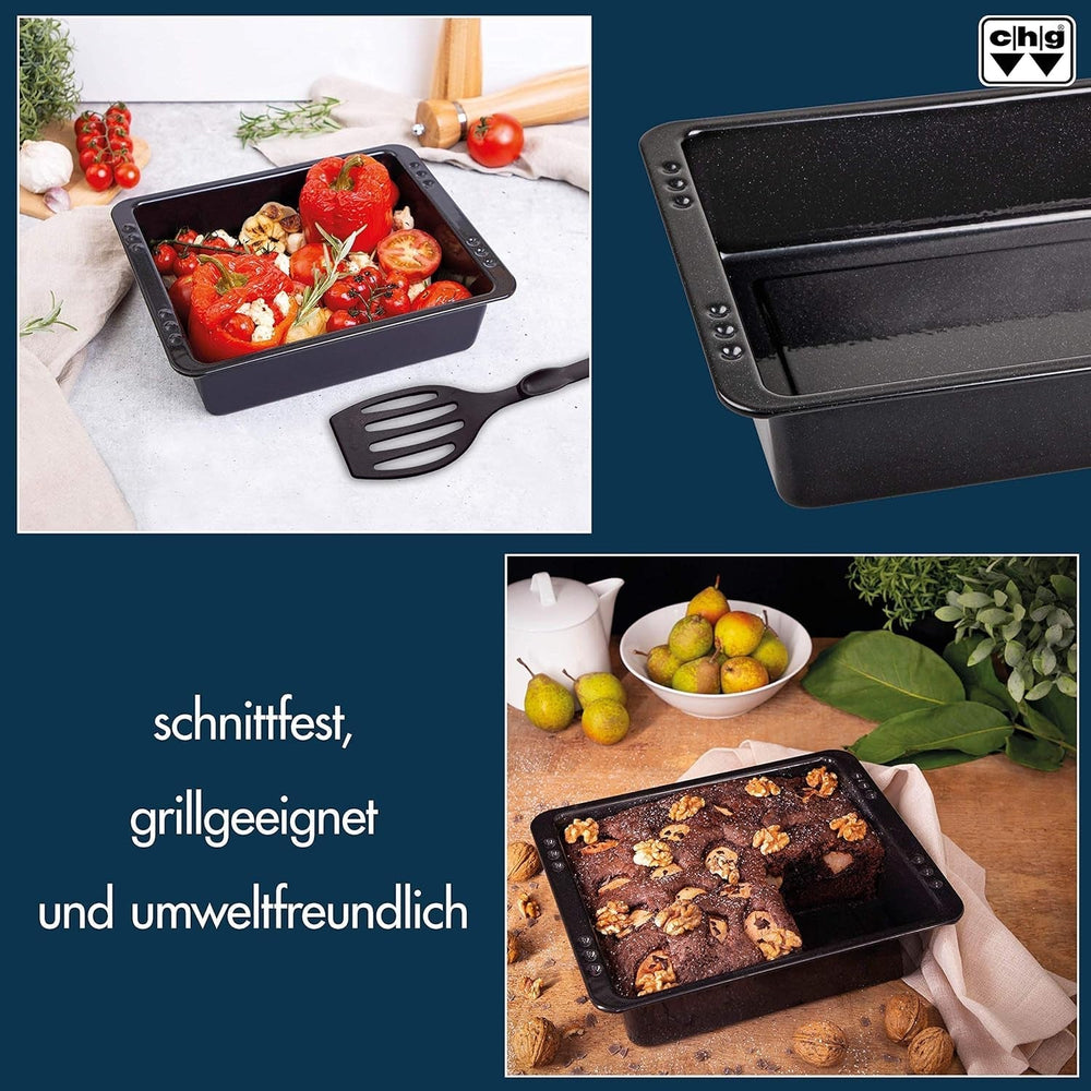 Chg SET 341-46-60 Extra Tiefe Ofenform (7.0 Cm) "Emaille" Mit Profi-Pfannenwender", Schwarz Gesprenkelt Stampi e teglie per dolci Naty Shop