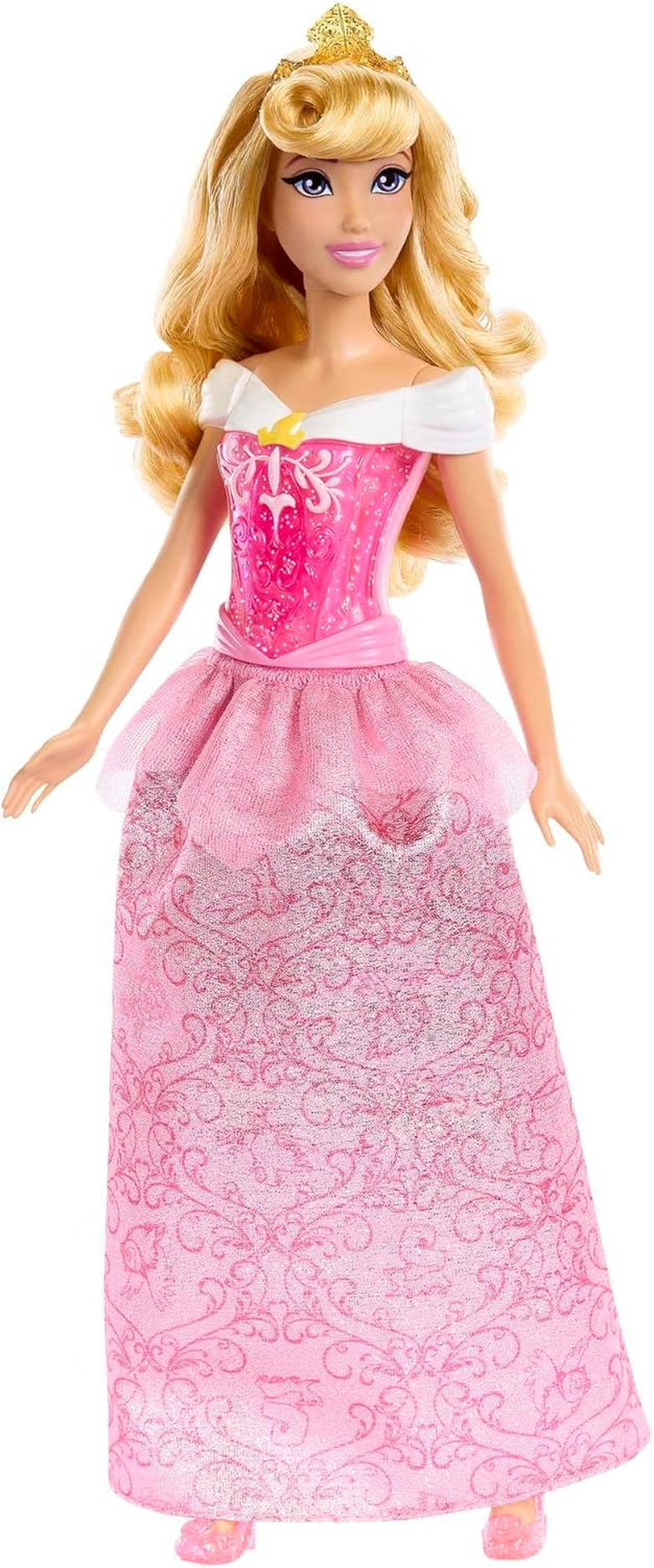Mattel DISNEY Prințesa Aurora - Păpușă cu ținută emblematică, pantofi și diademă detașabile, top strălucitor și fustă detașabilă cu model, păr lung pentru coafat, HLW09