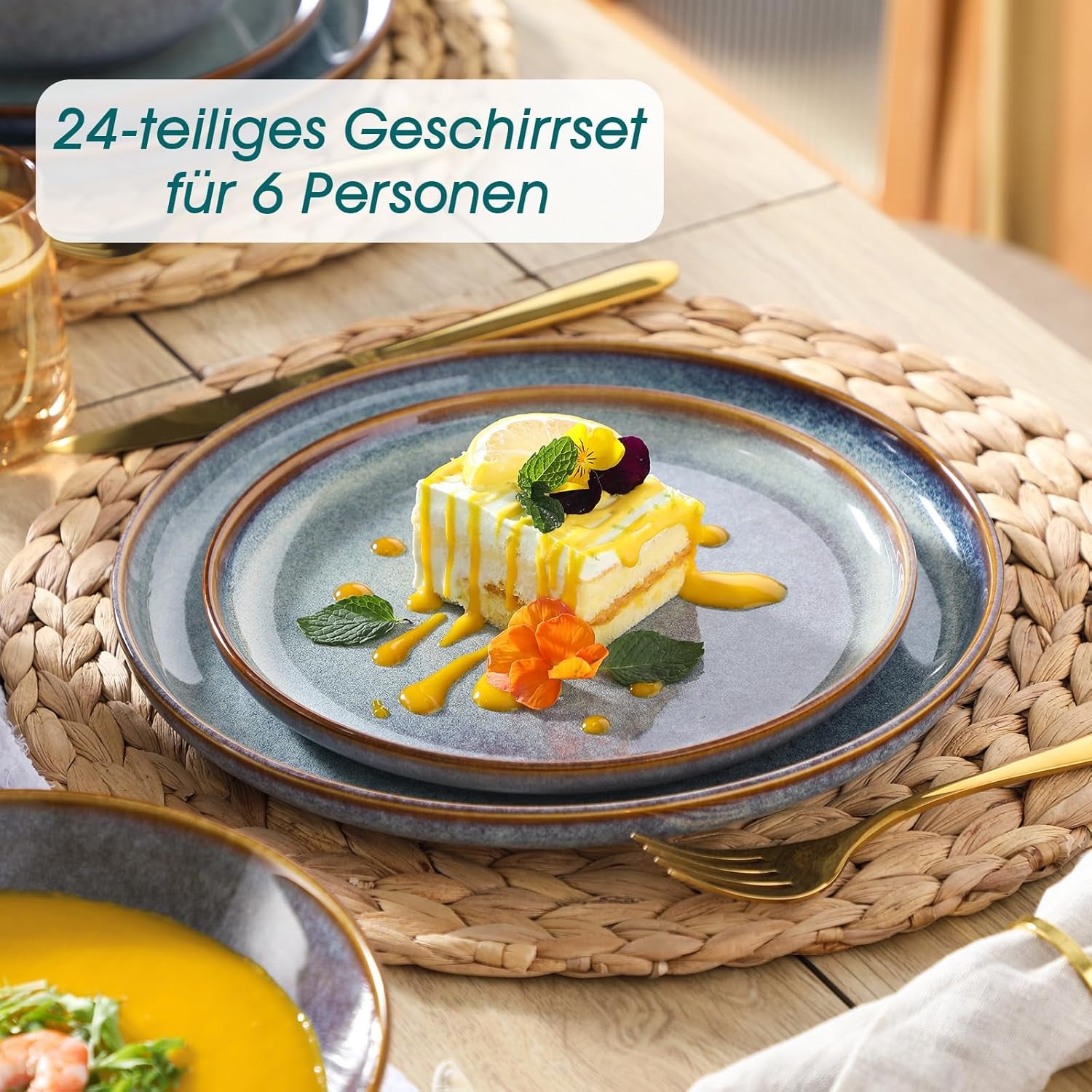 Geschirrset 6 Personen, vancasso PLAYA 24tlg Reaktive Glasur Steingut Tafelservice 6 Personen Modern, Beinhaltet Schüssel, Suppenteller, Dessertteller, Speiseteller, Spülmaschinenfest, Lavendelblau