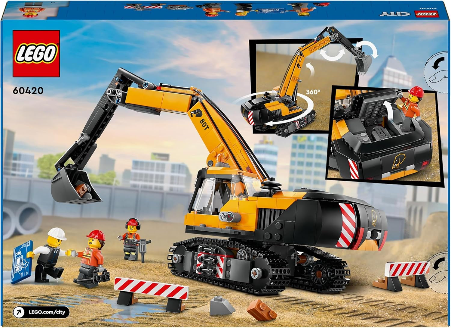 Escavatore cingolato LEGO City, escavatore giocattolo per bambini a partire da 8 anni, giocattolo costruibile con modello di escavatore, camion costruibile con accessori e 3 minifigure 60420 Set di costruzione Besuche den LEGO-Store