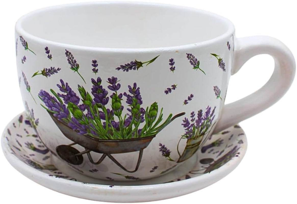 Ghiveci de flori Dekohelden24, jardinieră, ghiveci pentru plante, recipient pentru plante, ghiveci de flori. Ghiveci ceramic în formă de cupă cu mâner, design: lavandă, L/l/Î 25 x 23 x 14 cm.