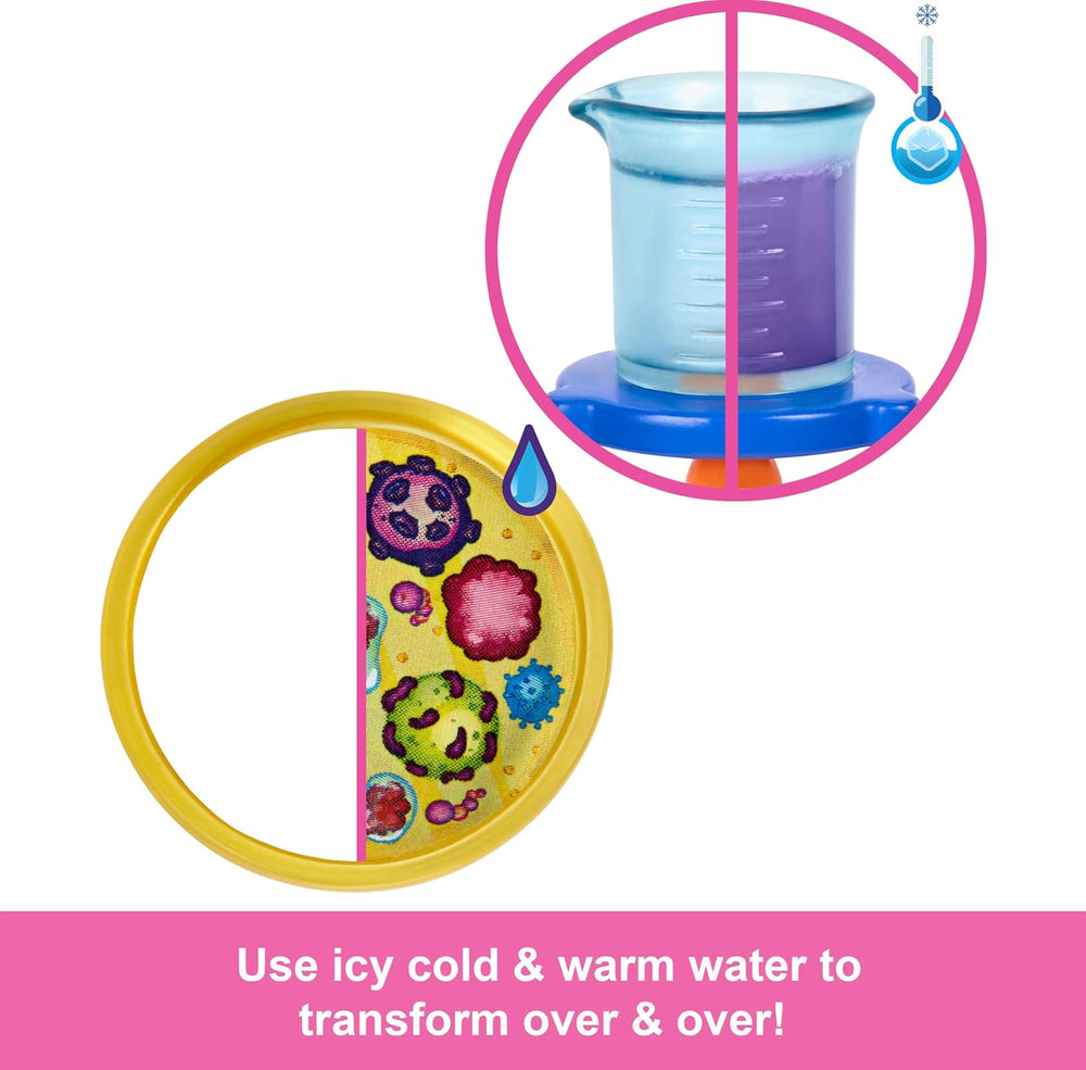 Păpușa Barbie Savantă și accesorii cu păpușă blondă la modă, masă de laborator, microscop, pahar care își schimbă culoarea și vas Petri, JCR70