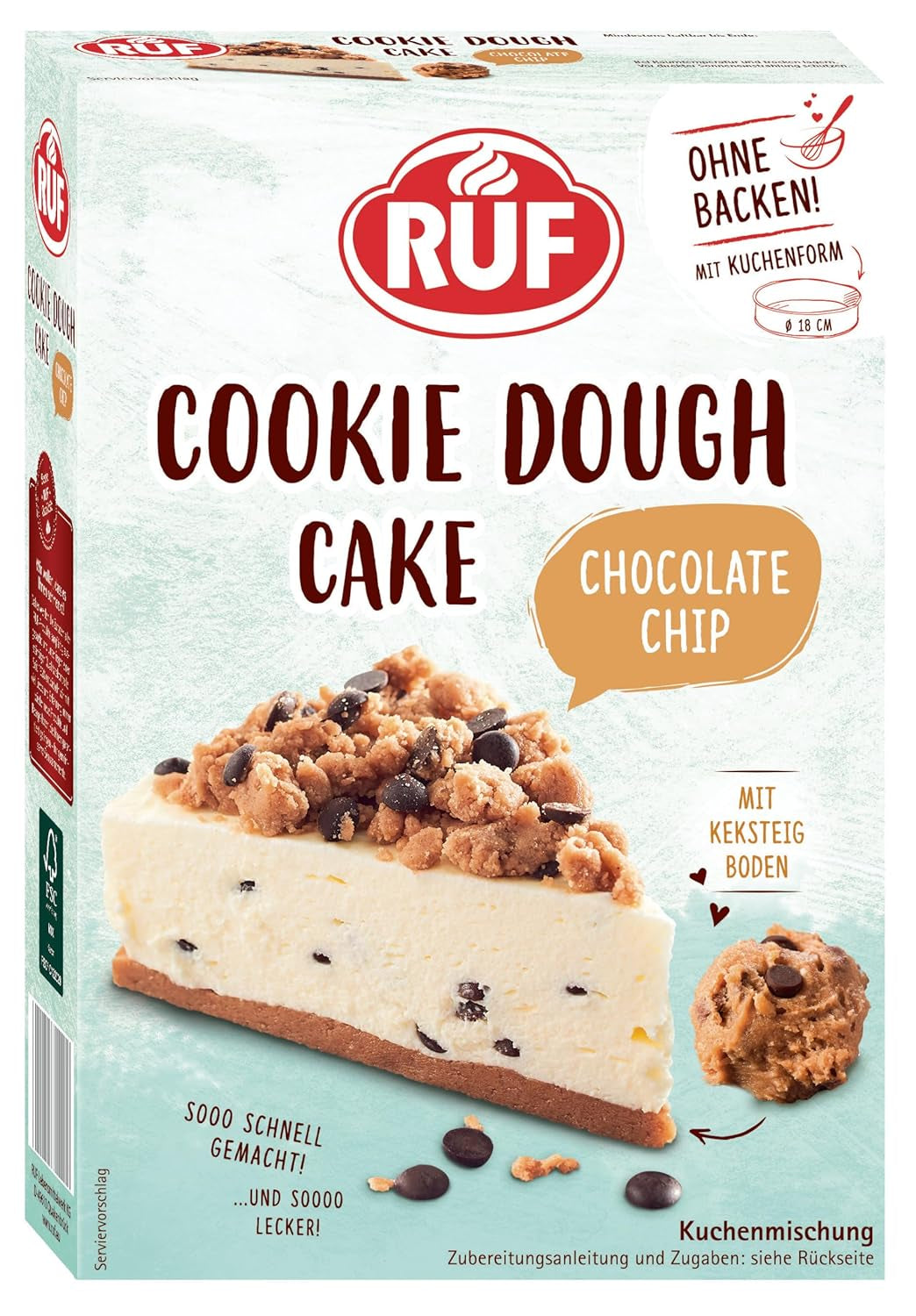 RUF Cookie Dough Cake Ohne Backen, Tortenboden Aus Keksteig Mit Frischkäse-Creme Und Schokoladenstückchen, Inkl. Kuchenform, 1X325G Miscela per cuocere e cucinare Naty Shop 325 G (1Er Pack) Torta con pasta per biscotti