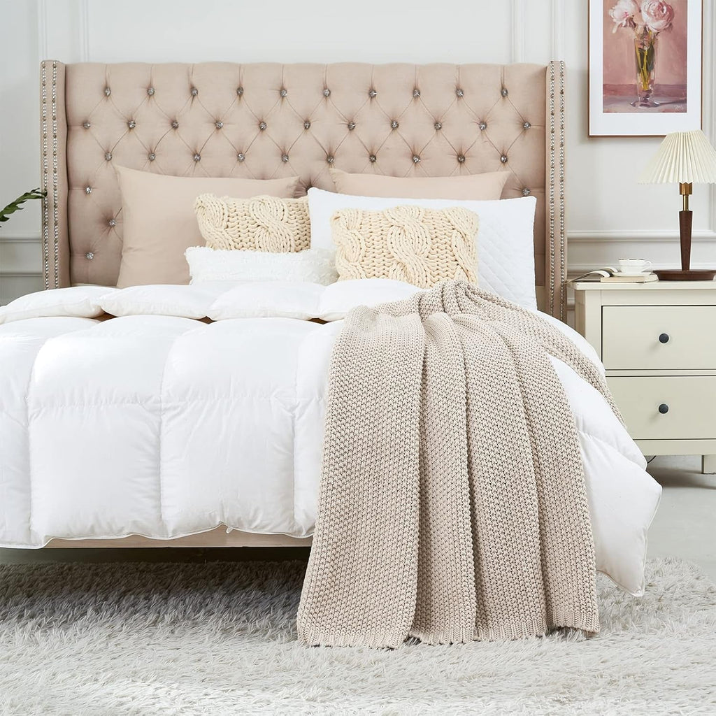 Chunky tricot arunca pătură, Lightweight, Bej, 100% bumbac organic, Pătură pentru canapea, canapea, pat, copil, camera copiilor, Rustic, Shabby chic, Modern farmhouse, 152.4 X 203.2 cm, Inclusiv sac de rufe Paturi si Cuverturi Longhui bedding