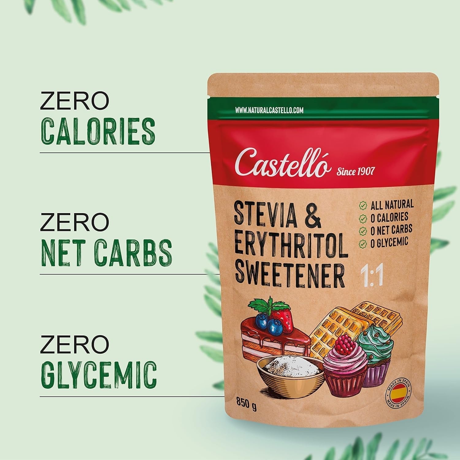 Stevia + eritritolo 1:1 sostanza nutriente | 1G = 1GZucker | 100% Natürlicher Zuckerersatz - 0 Kalorien - 0 Glykämischer Index - Keto Und Paleo - 0 Netto-Kohlenhydrated - Kein GVO - Castello since 1907-850 G Dolcificanti Naty Shop