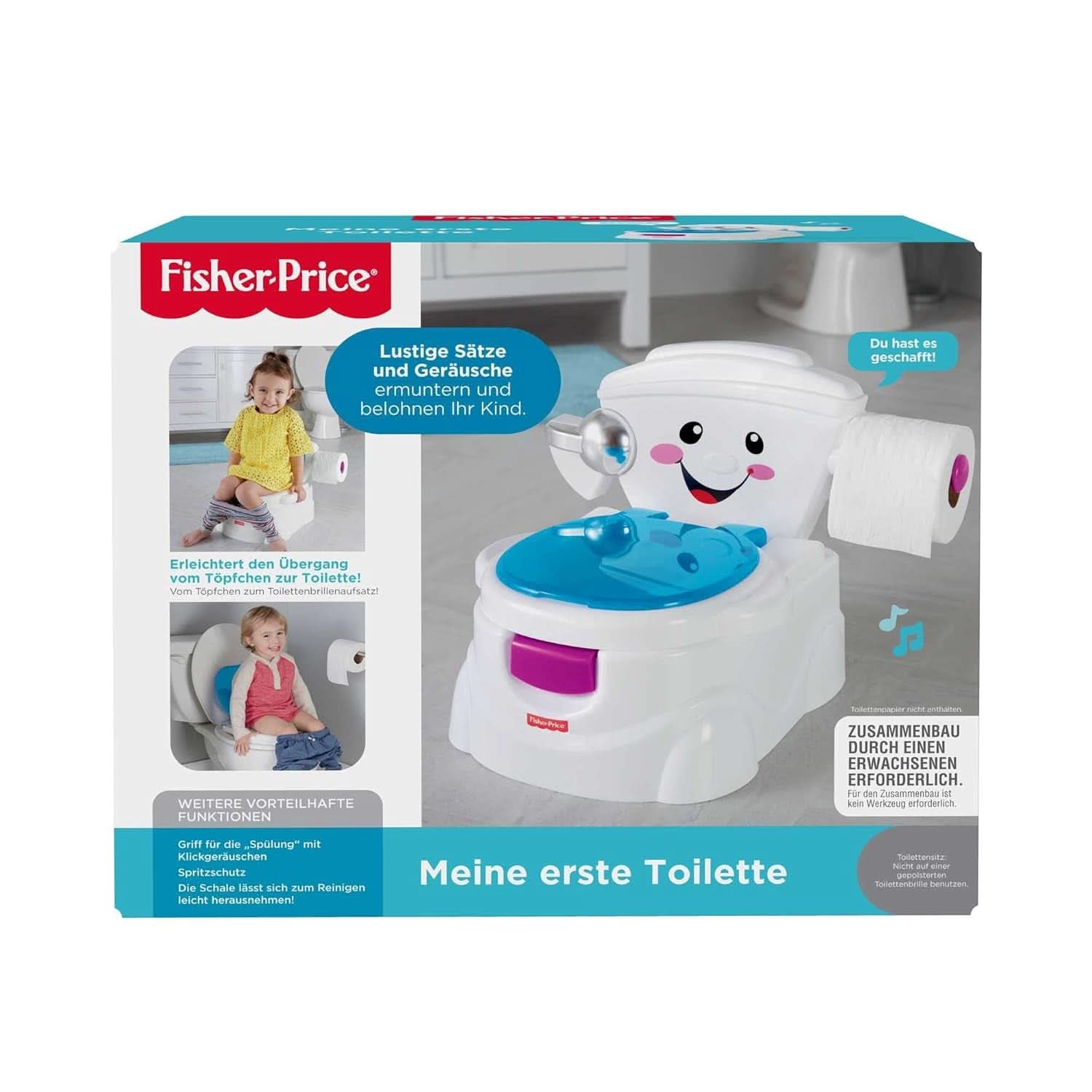 Fisher-Price Meine Erste Toilette, Baby Töpfchen, Mit Musik & Lustigen Sätzen, Tragbare Baby Toilette, Abnehmbarer Toilettenaufsatz, Deutsche Version, Ab 1 Jahr, P4326 Accessori Alimentazione e Allattamento Bebe Naty Shop