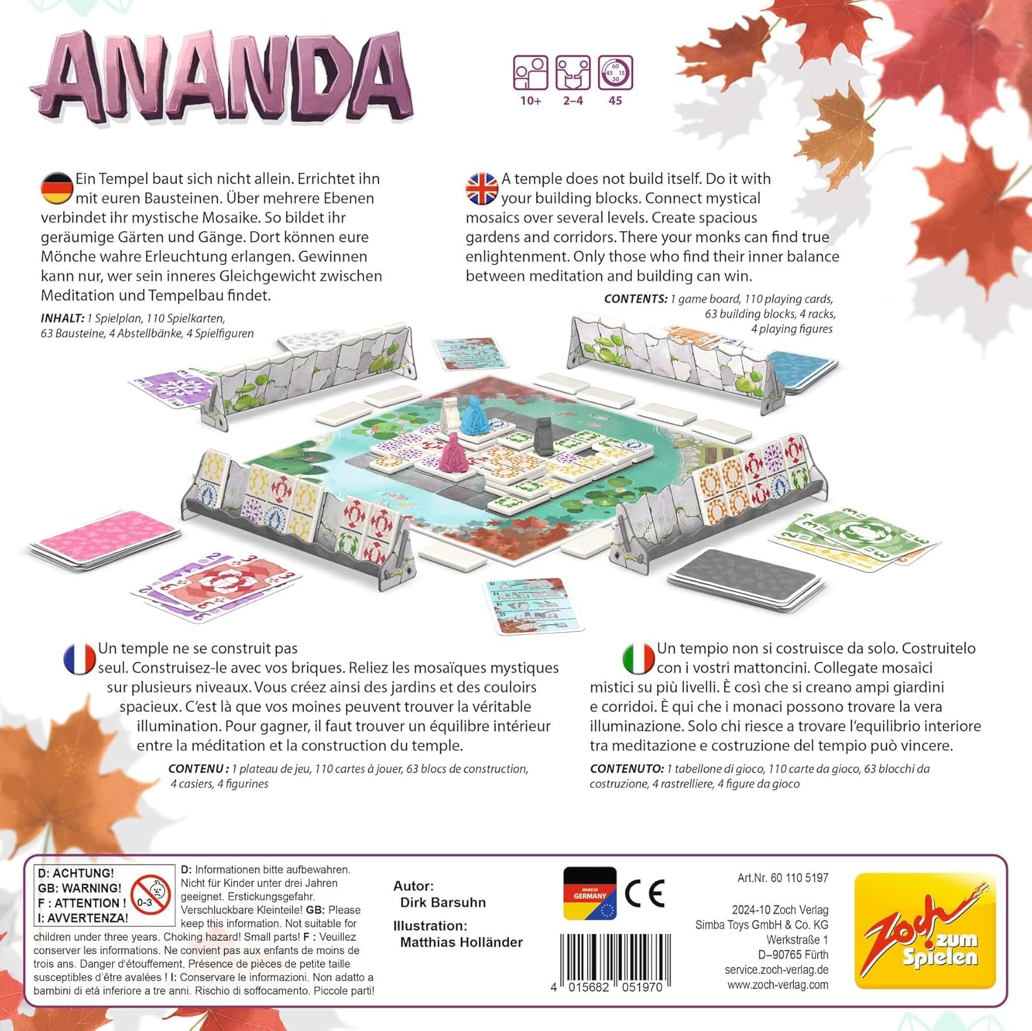 Zoch Ananda - Un gioco da tavolo strategico con influenze meditative, costruzione di templi utilizzando tattiche, monaci che meditano in aree colorate, raccolta di punti karma, gioco per famiglie dai 10 anni in su.