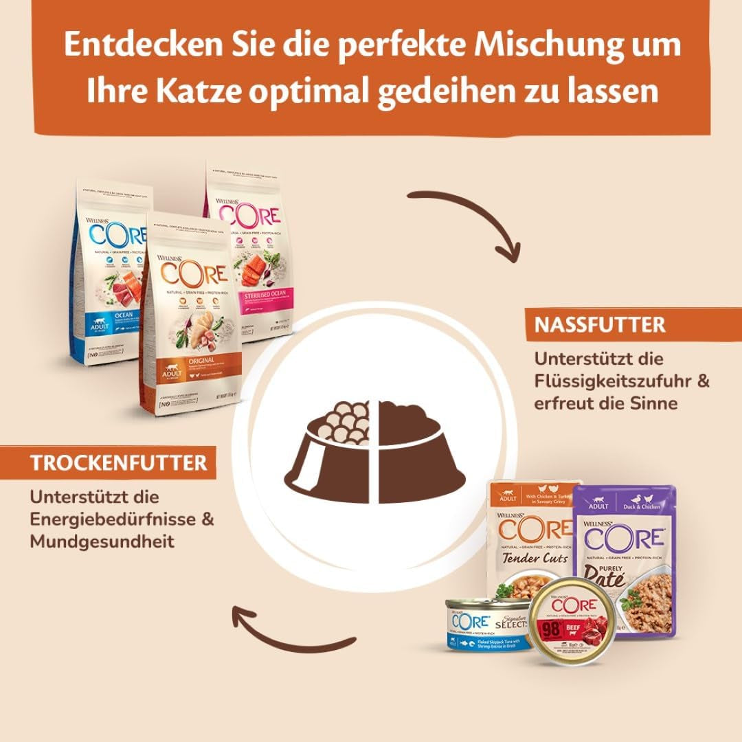 Wellness CORE 98% 12 x 85g, Pui și Somon – Hrană umedă pentru pisici, pate gros, fără cereale, naturală, hipoalergenică, bogată în proteine, conținut ridicat de carne