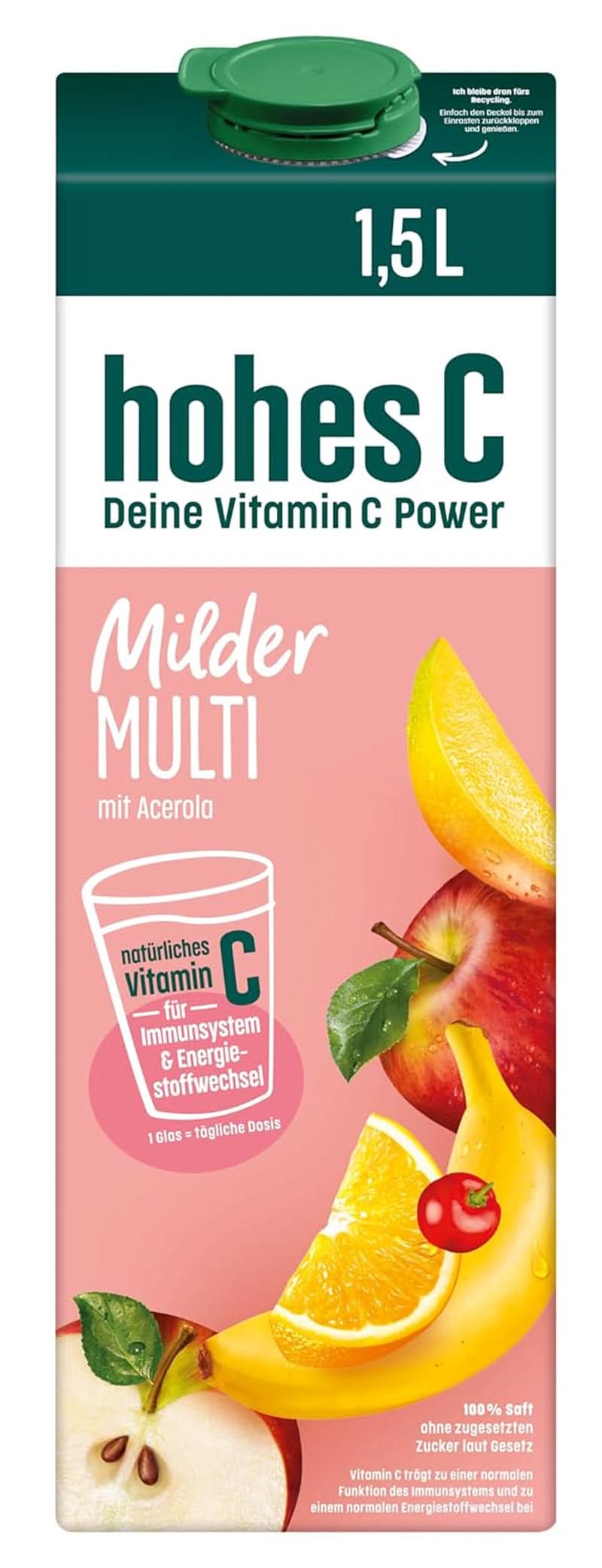 Multivitaminico delicato High C (1 X 1,5 L), 100% succo di mela, arancia, acerola, mango, 7 vitamine, Senza zuccheri aggiunti a norma di legge, Meno acido, Vegan Bevande analcoliche Naty Shop