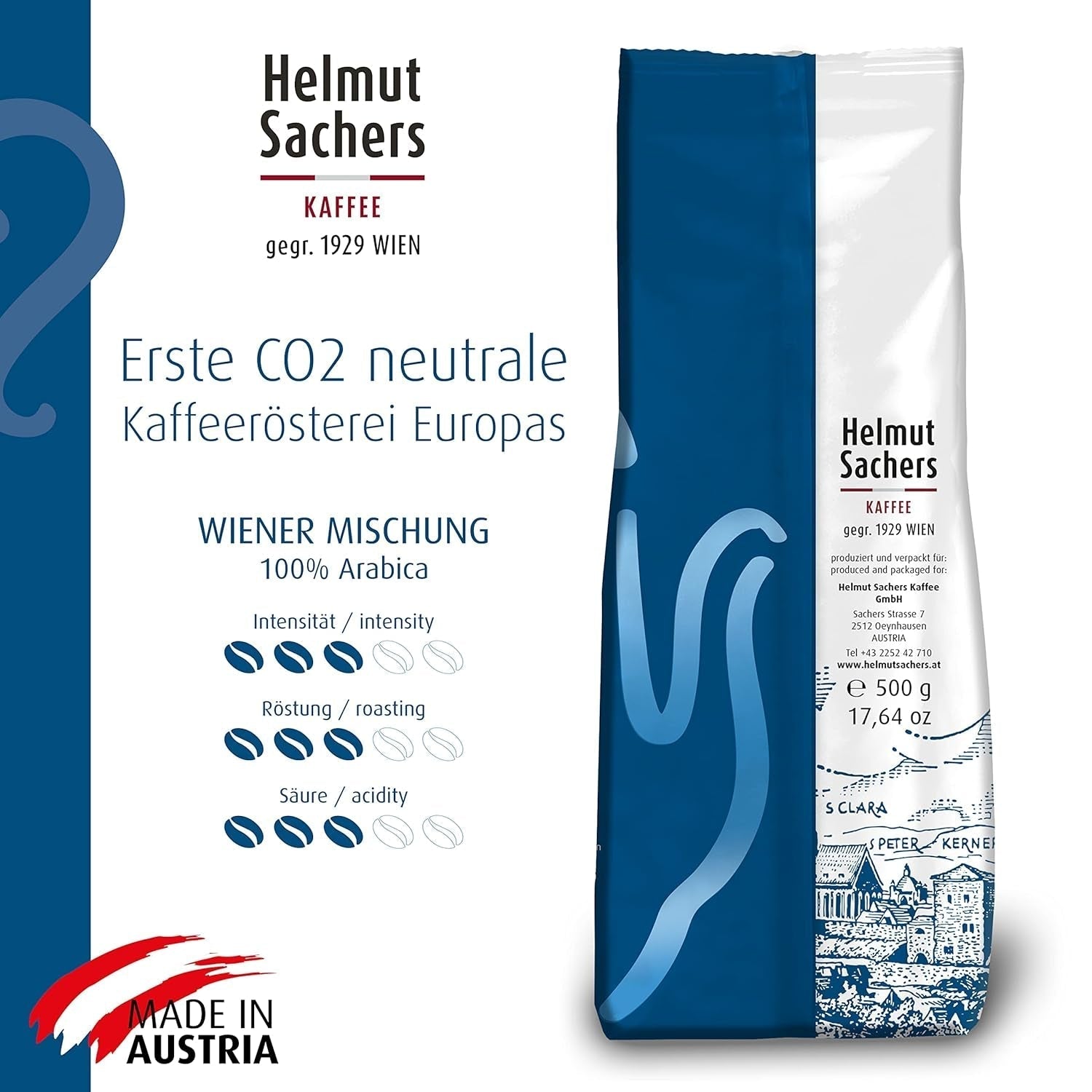 Helmut Sachers Kaffee - Miscela Viennese, Forza 3/5, 100% Arabica, Caffè in grani interi, 6 X 500G Naty Shop