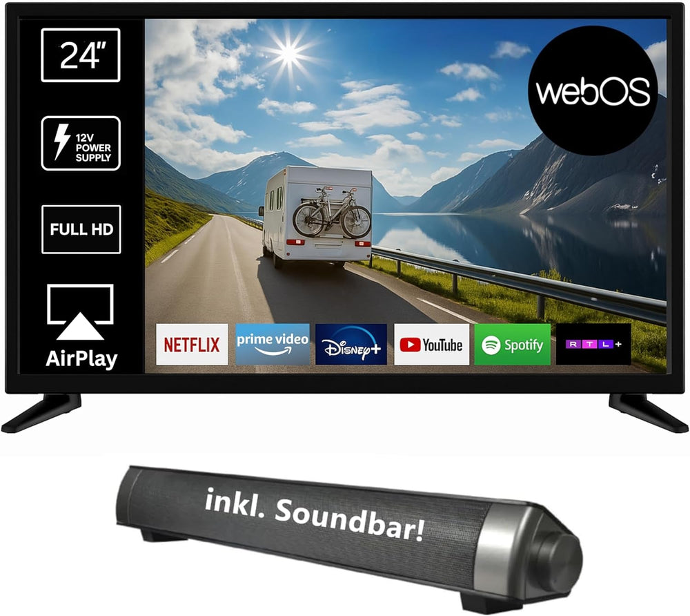 Televizor inteligent Reflexion LED24iBT de 24 de inci cu soundbar, Full HD, WLAN, Bluetooth, HDMI, USB, CI+, adaptor auto de 12V – ideal pentru autorulote, caravane, rulote și bărci – incl. telecomandă