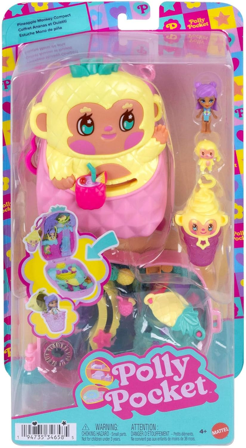 Polly Pocket Puppen und Spielset, Ananas-Äffchen-Schatulle, Reisespielzeug mit 1 Mikropuppe, Haustier, Hängematte und Zubehörteilen mit Obstmotiven, JKC49
