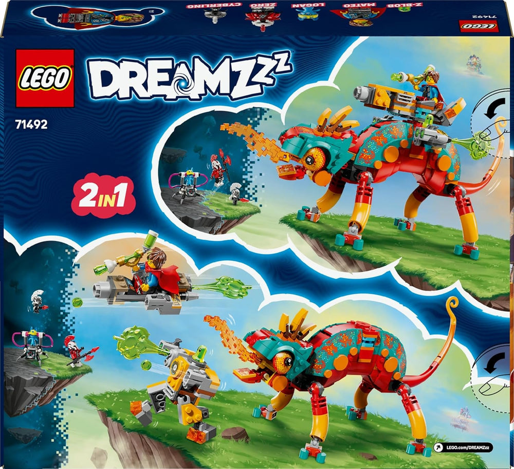 LEGO DREAMZzz Mateos Feuer-Chamäleon - Tierfigur, die Sich in EIN Spielzeug Jet & Mech oder einen Wächter verwandelt - Bauset für Mädchen und Jungen ab 7 Jahren inkl. 2 Minifiguren - Geschenk 71492