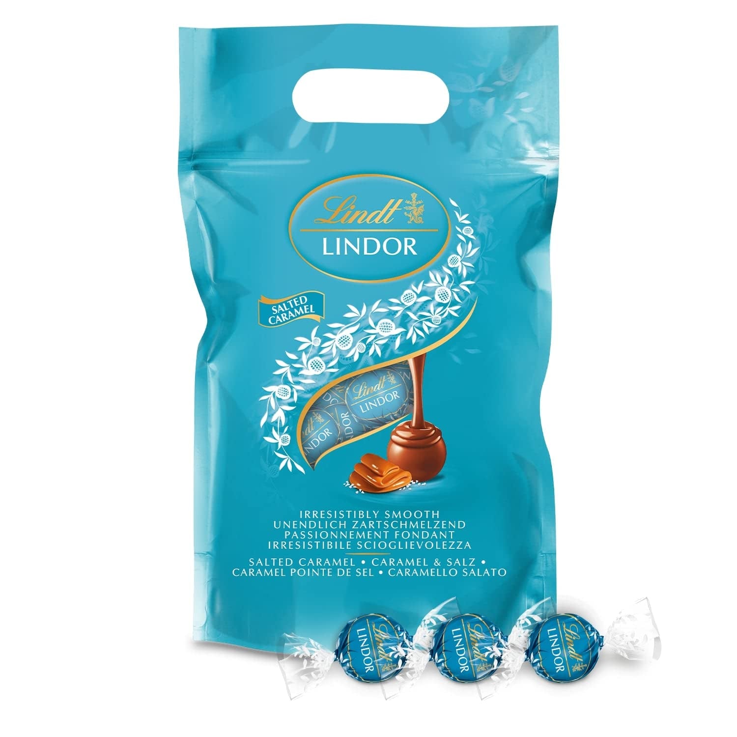 Palline di cioccolato LINDOR | Busta richiudibile da 1 kg | ca. 80 palline di cioccolato al latte con ripieno di menta | Confezione sfusa e palline di cioccolato al caramello salato LINDOR