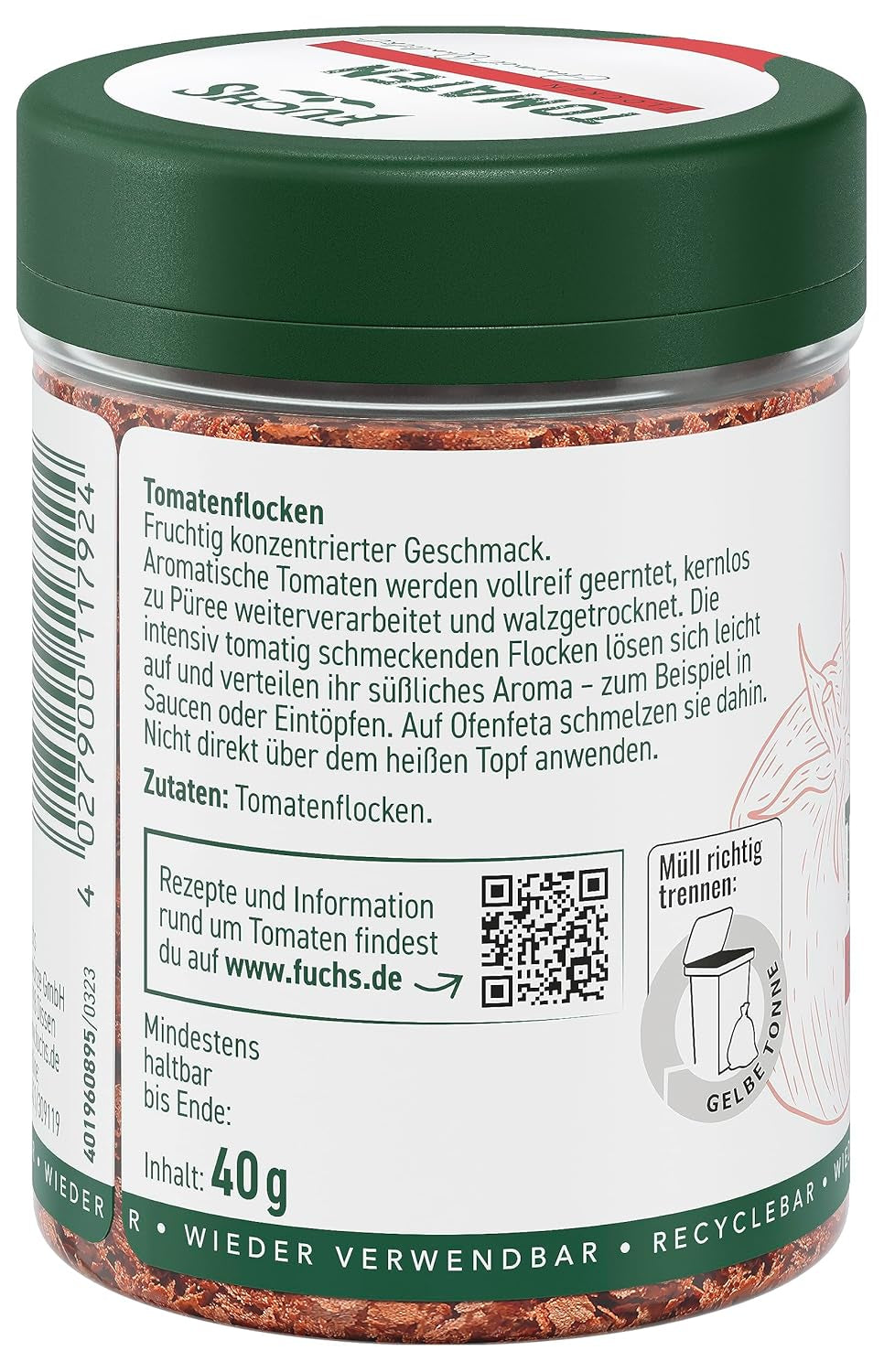 Fuchs Gewürze - Tomaten Flocken - Gewürz für Ofenfeta oder tomatigen Geschmack in Saucen - natural Ingredients - 40 g in wiederverwendbarer, recyclebarer Dose
