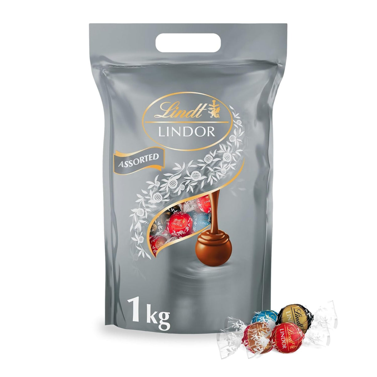 Cioccolata Lindt | Borsa assortita LINDOR argento | Sacco da 1 kg | 80 palline di cioccolato al latte fondente al gusto 70%, caramello salato e doppio cioccolato | Regalo di cioccolato da condividere