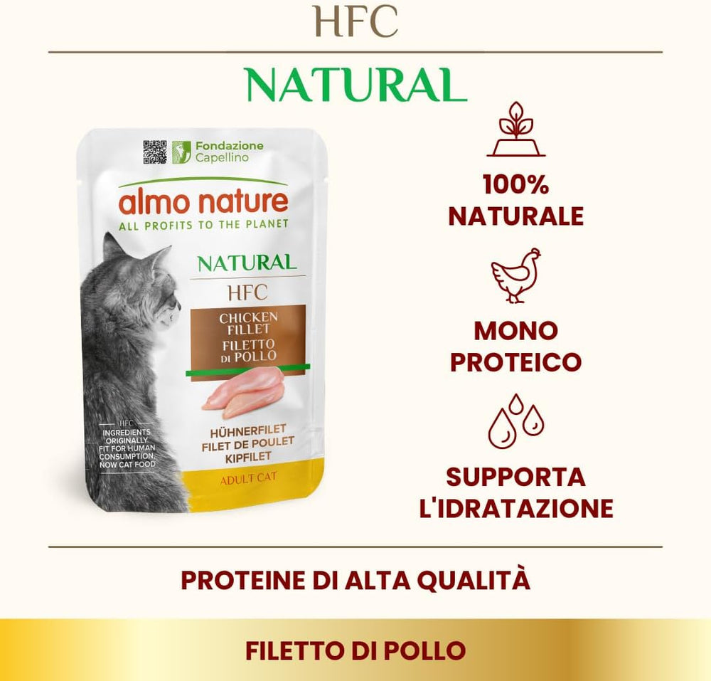 almo nature HFC Natural - Hrană umedă pentru pisici - cu pui - Calitate umană, Fără gluten, Monoproteină - 55g, pachet de 6
