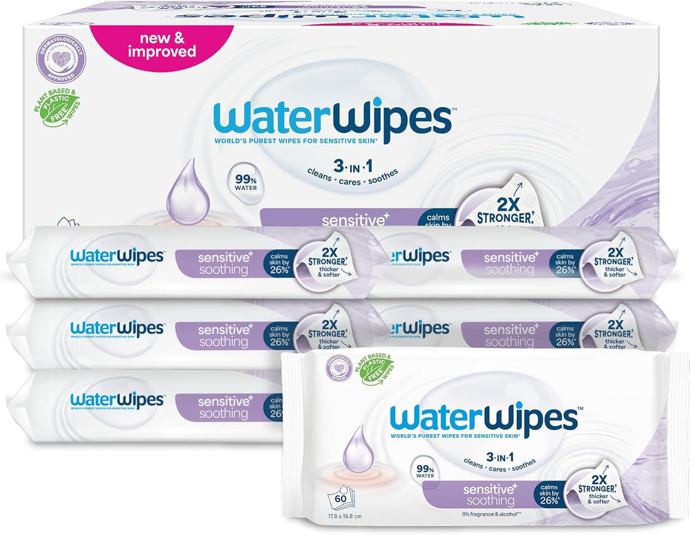 Șervețele umede WaterWipes Sensitive+ Soothing Clean, 720 bucăți (12 pachete), curățare, îngrijire și calmare 3 în 1, 99% apă cu extract de plante, șervețele umede pentru bebeluși fără parfum