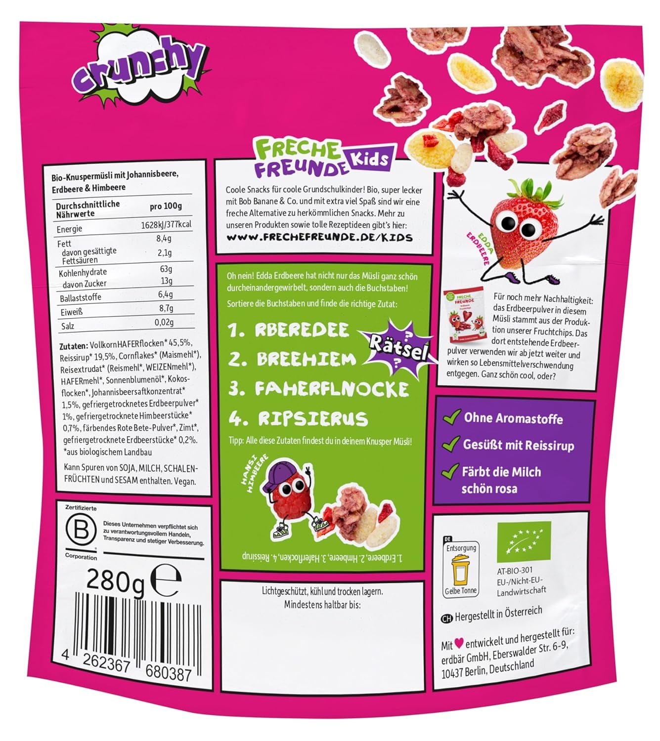 FRECHE FREUNDE Muesli da colazione biologico Edda's Berry Mix di muesli croccanti per scolari con fragole liofilizzate Confezione da 6 vegani (6 x 280 g)