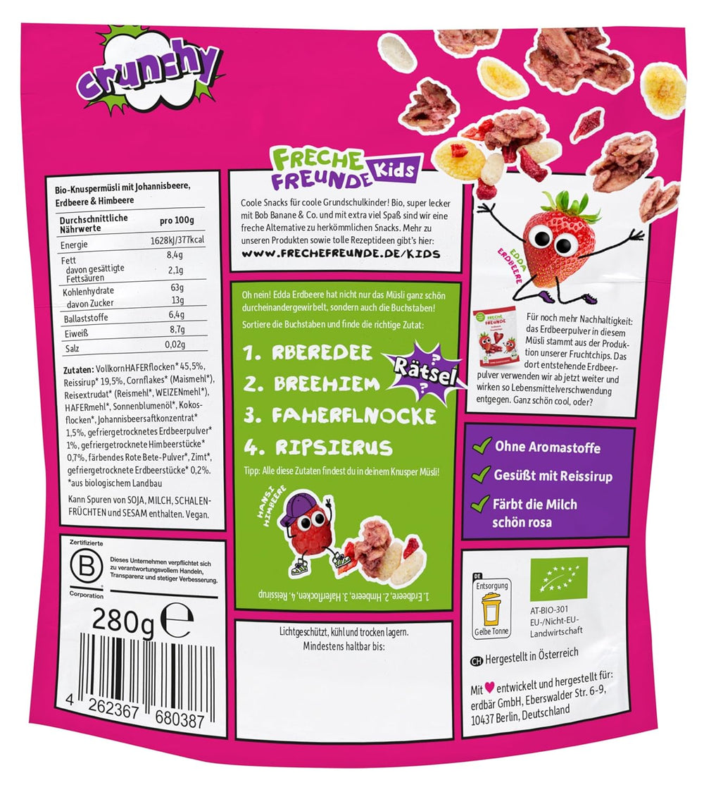 FRECHE FREUNDE Muesli da colazione biologico Edda's Berry Mix di muesli croccanti per scolari con fragole liofilizzate Confezione da 6 vegani (6 x 280 g)