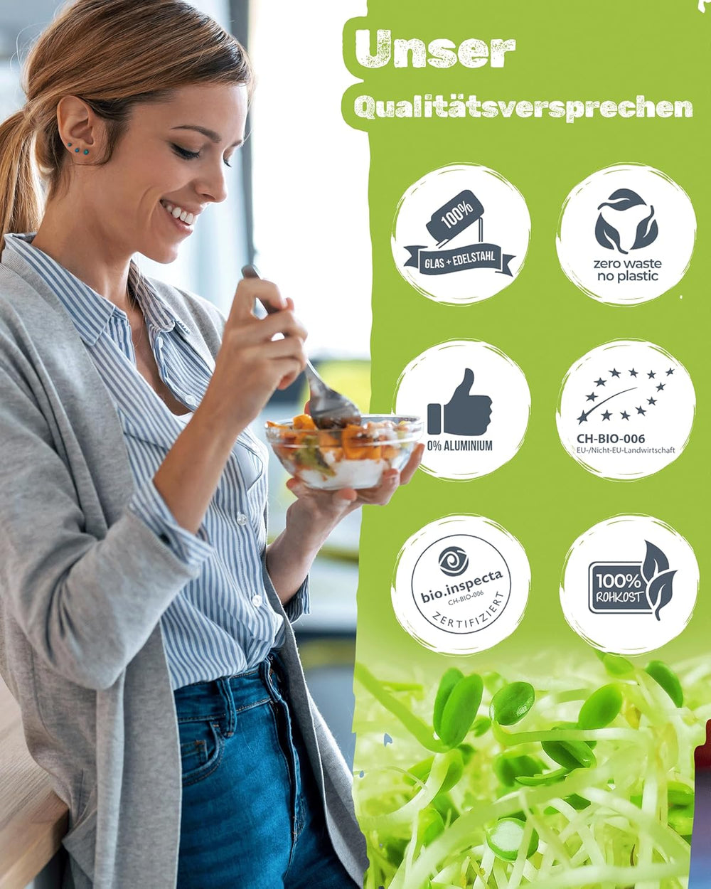 Set di barattoli per la germinazione 3100 ml con set regalo - Organic Fitness Mix, Power Mix e Detox Mix, 75 g ciascuno - Barattolo per la germinazione - incl. coperchio del barattolo, supporto e colino