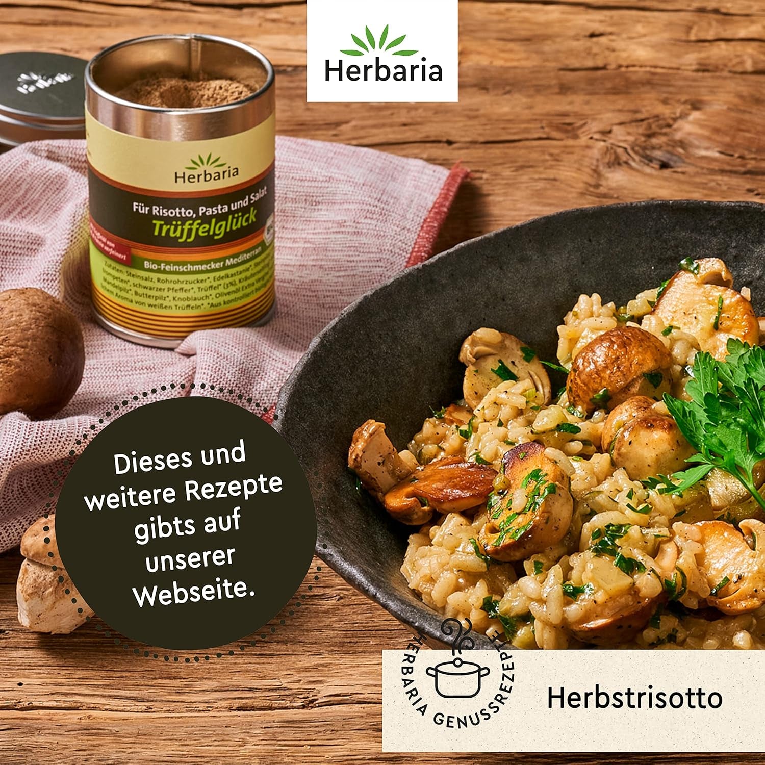 Herbaria Trüffelglück bio 110g M-Dose - Fertiges Bio-Pilz- & Trufflelegewürz für intensiv-köstliche Gerichte - mit erlesenen Ingredient - in nachhaltiger Aromaschutz-Dose