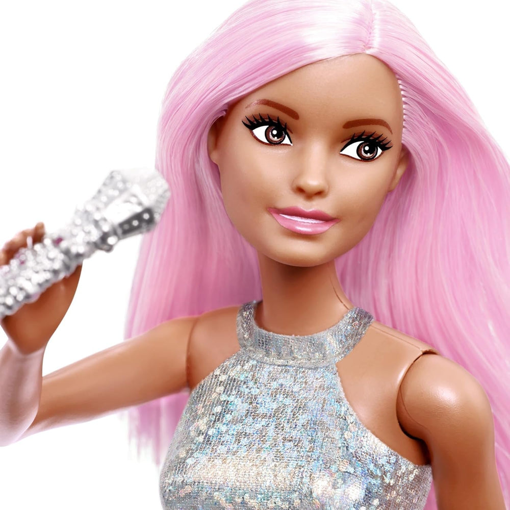 Păpușa Barbie Pop Star îmbrăcată într-o fustă strălucitoare, cu microfon și păr roz, cadou pentru copii de la 3 la 7 ani, JCW42, Dazzling Papusi Naty Shop