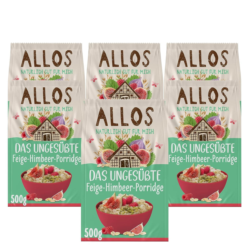 Porridge Allos di fichi e lamponi non zuccherato | Porridge senza zucchero | Muesli biologico | Muesli alla frutta | Farina d'avena | Porridge a colazione | Cereali per la colazione | Vegano | Confezione da 6 (6 x 500 g)