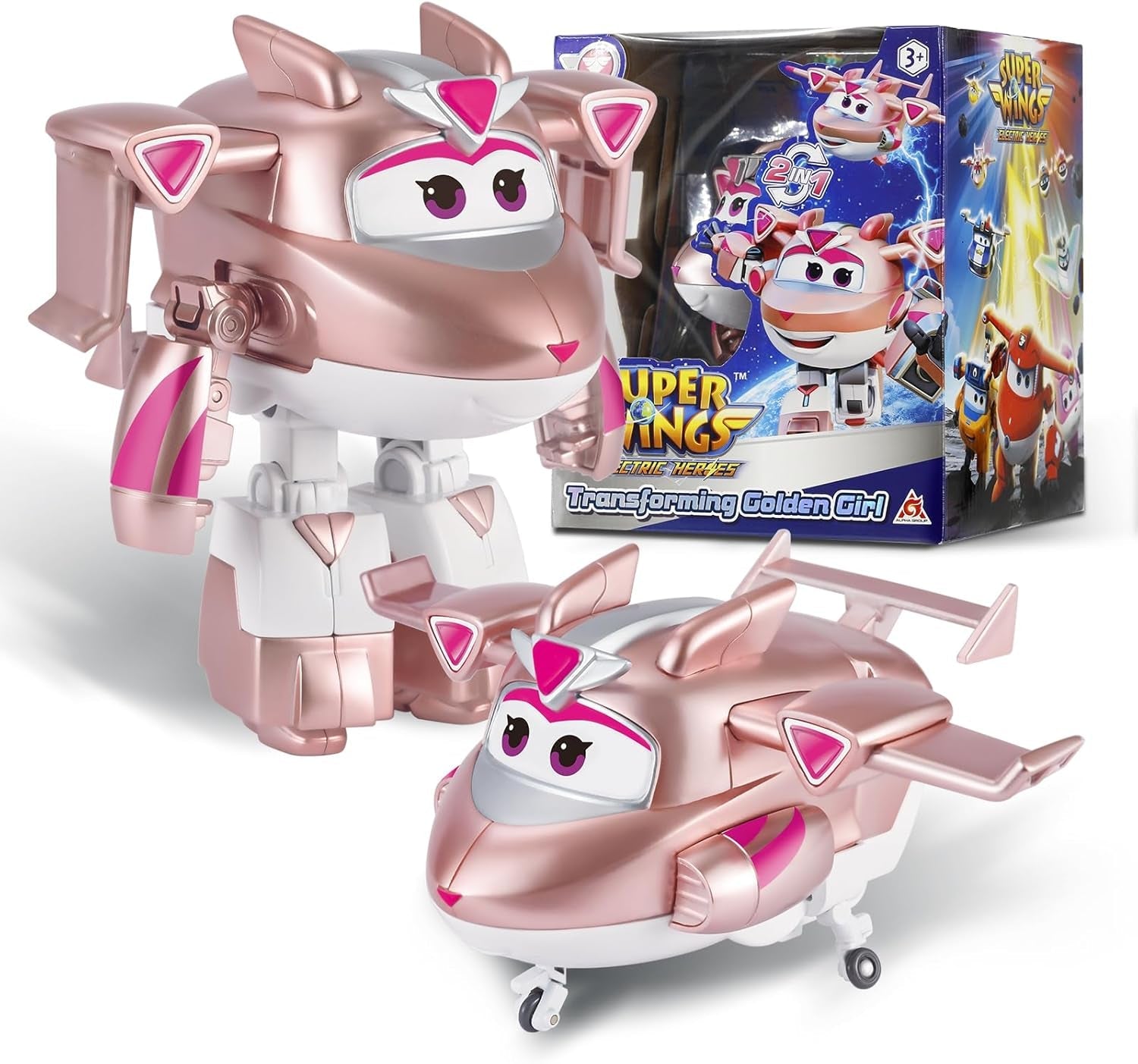 Aereo di trasformazione Super Wings Traver sovralimentato, ca. Figura da gioco per bambini di grandi dimensioni da 12,7 cm. Figura di aeroplano e robot giocattolo per ragazzi e ragazze sopra i 3 anni. Figure d'azione in argento Naty Shop Gold Girl