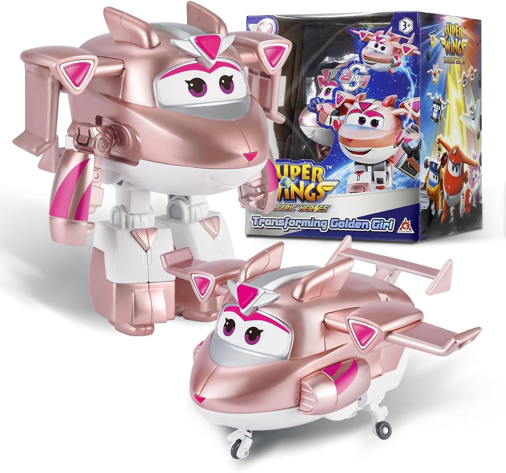 Aereo di trasformazione Super Wings Traver sovralimentato, ca. Figura da gioco per bambini di grandi dimensioni da 12,7 cm. Figura di aeroplano e robot giocattolo per ragazzi e ragazze sopra i 3 anni. Figure d'azione in argento Naty Shop Gold Girl