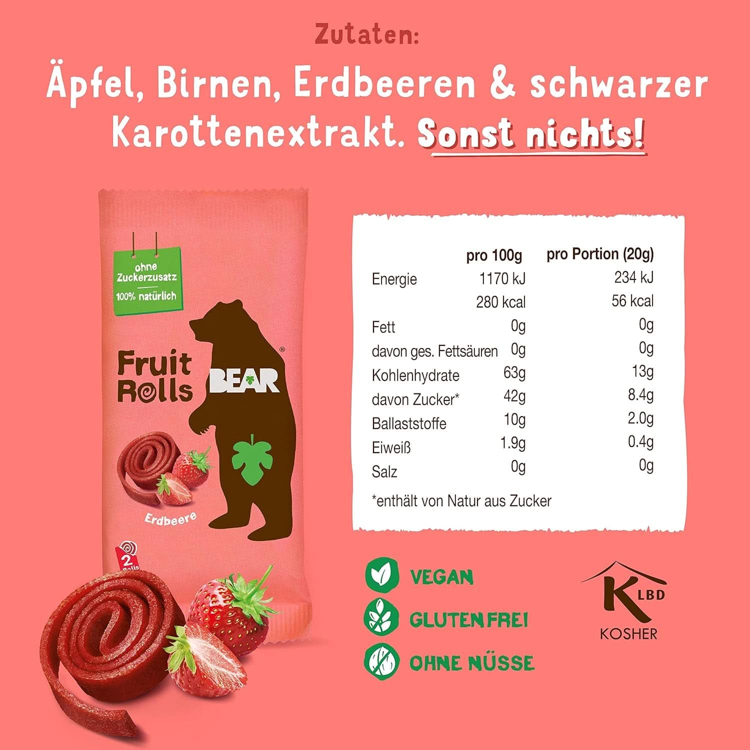 BEAR panini alla frutta con fragole, ingredienti 100% naturali, 30 x 20 grammi Prodotti disidratati Naty Shop