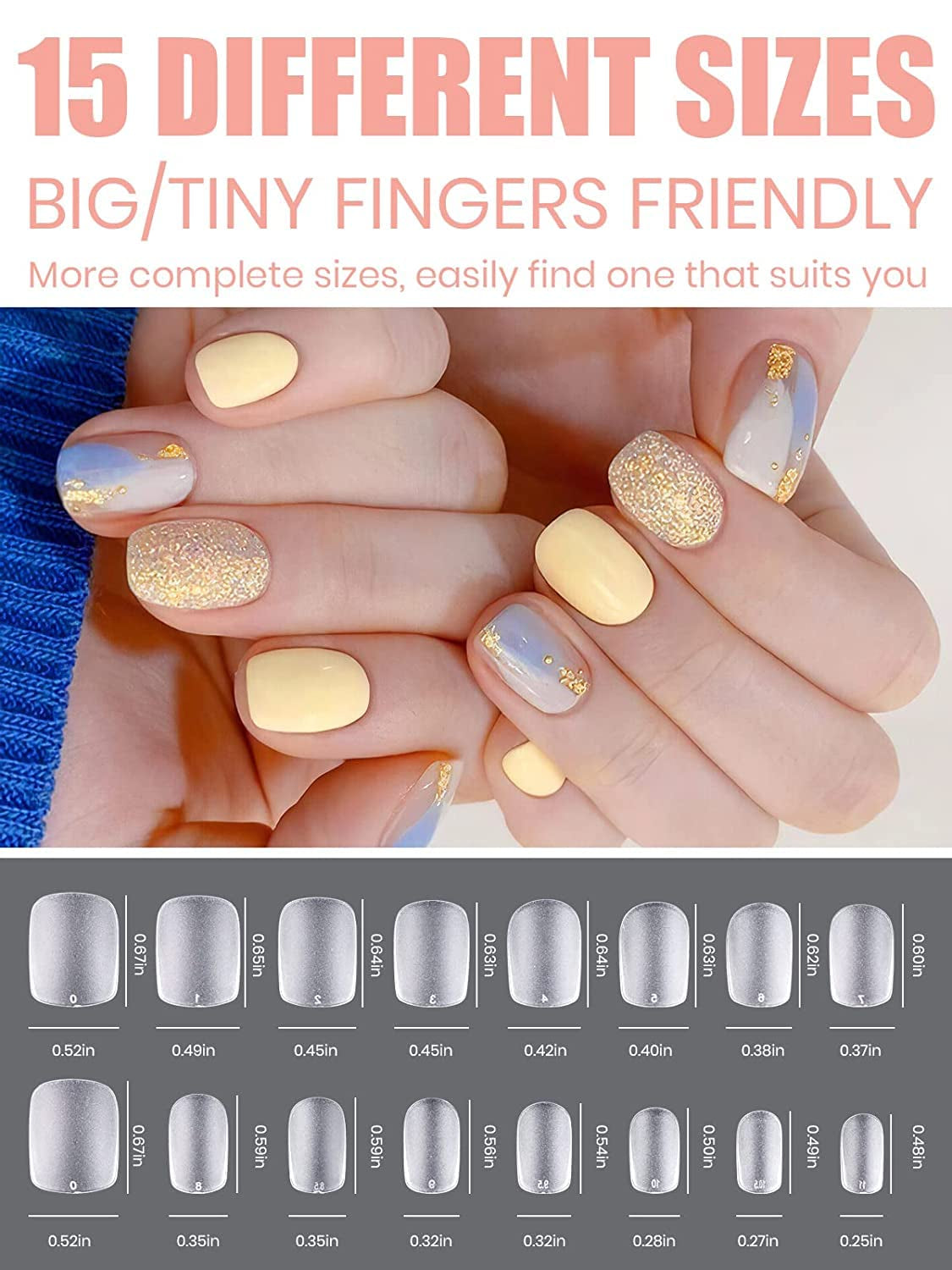 EBANKU 420 bucăți vârfuri de unghii scurte pătrate, vârfuri mate cu acoperire completă, vârfuri moi cu gel, vârfuri transparente pre-lustruite pentru unghii cu gel, vârfuri artificiale pentru extensii de unghii, 15 dimensiuni (scurte pătrate)