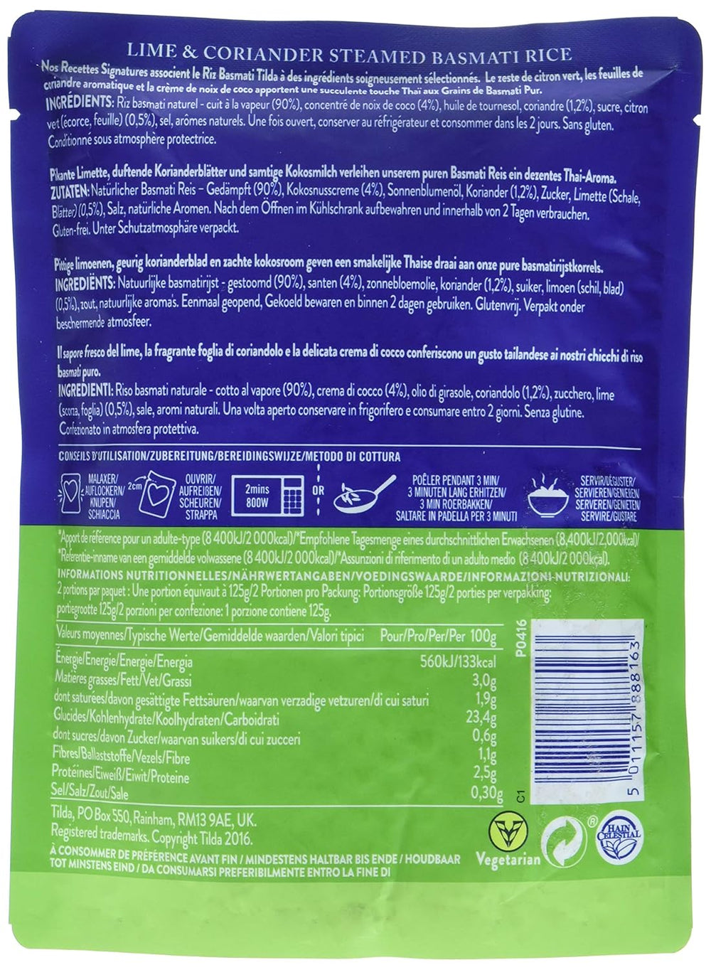 TILDA Riso Basmati al Vapore con Lime e Coriandolo per Microonde, 250g