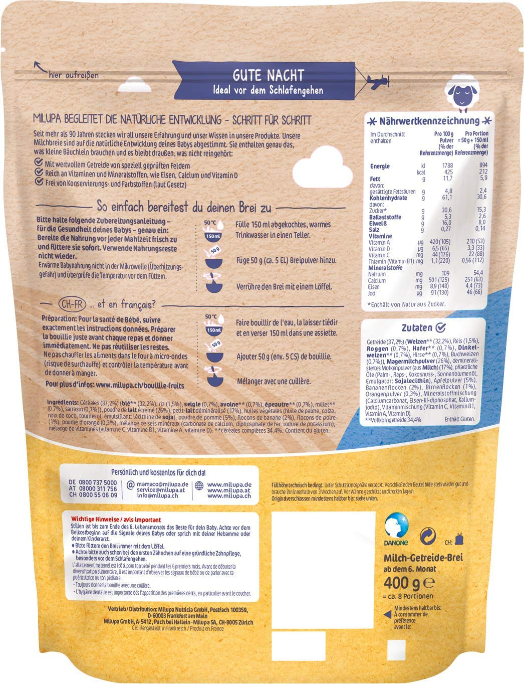 Milupa Milk Porridge Frutta Integrale - Porridge per bambini senza olio di palma, dai 6 mesi - 4 X 400 G (confezione da 2) Mamma e Bambino Naty Shop