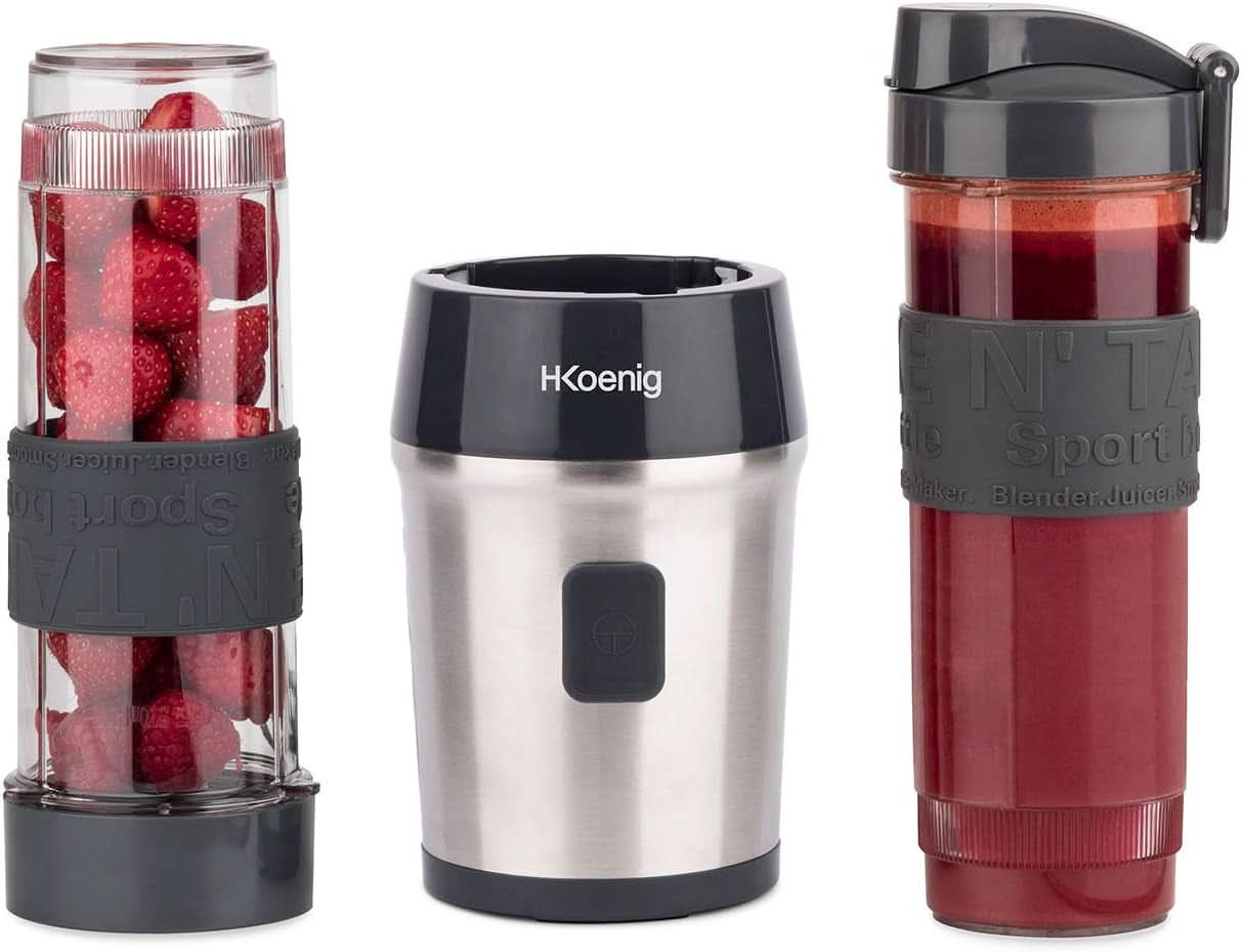 H.Koenig Smoothie Maker SMOO9 - Mini Robot da cucina - Mini Frullatore - 300 Watt - 570 Ml - Edelstahl - 2 Kunststoffflaschen - Bpa-Frei, Grau Kitchen Naty Shop