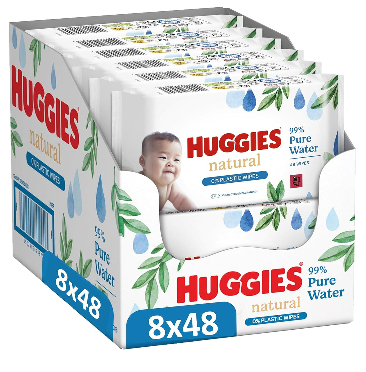 Salviette umidificate Huggies naturalmente biodegradabili per bambini sensibili, 8 x 48 salviette, confezione sfusa