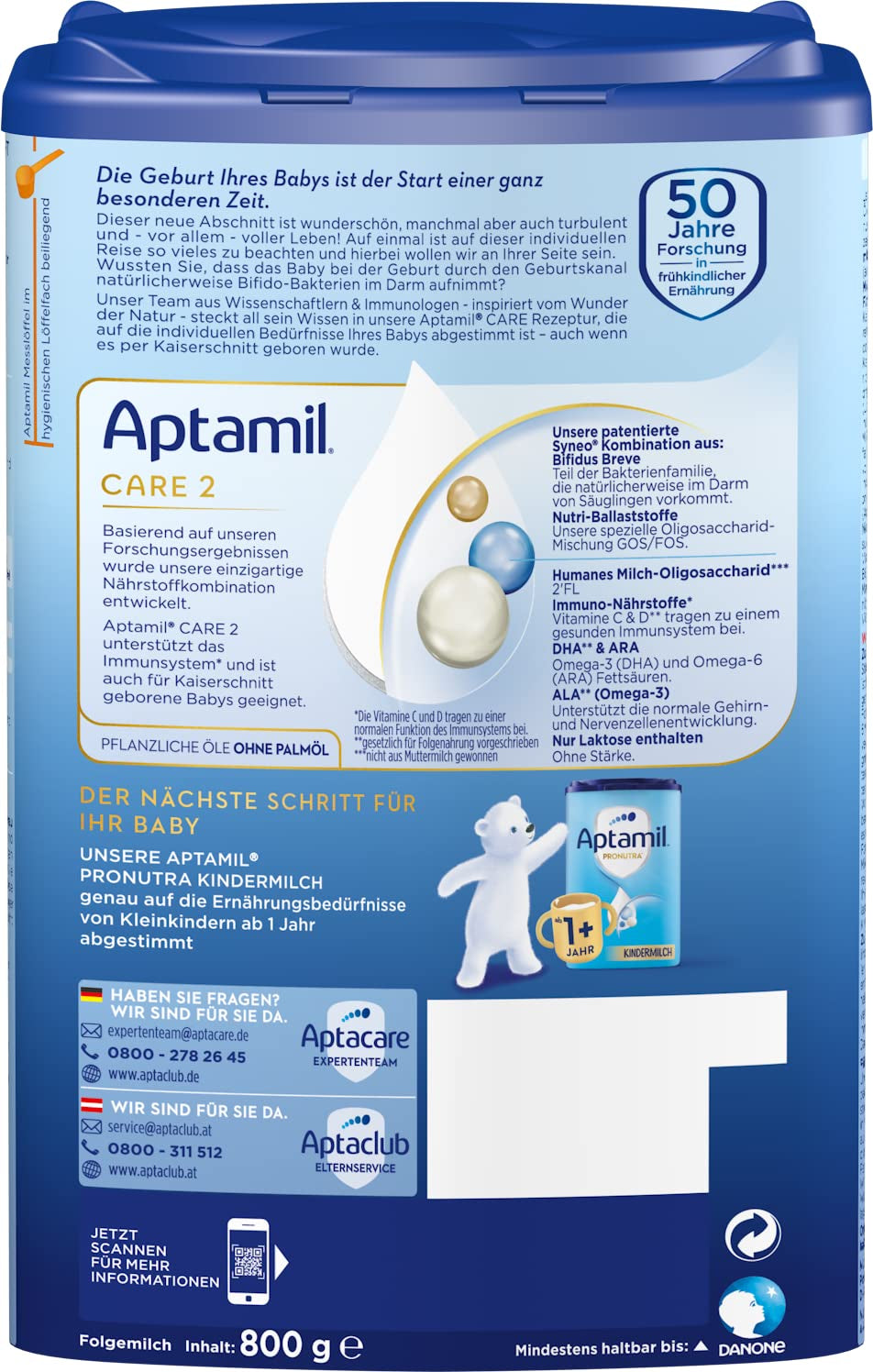 Aptamil Care 2 - Latte di proseguimento dopo 6 mesi, con Omega 3 e 6, DHA e ARA, senza olio di palma, alimenti per l'infanzia, latte in polvere, 1 x 800 g (confezione da 3)