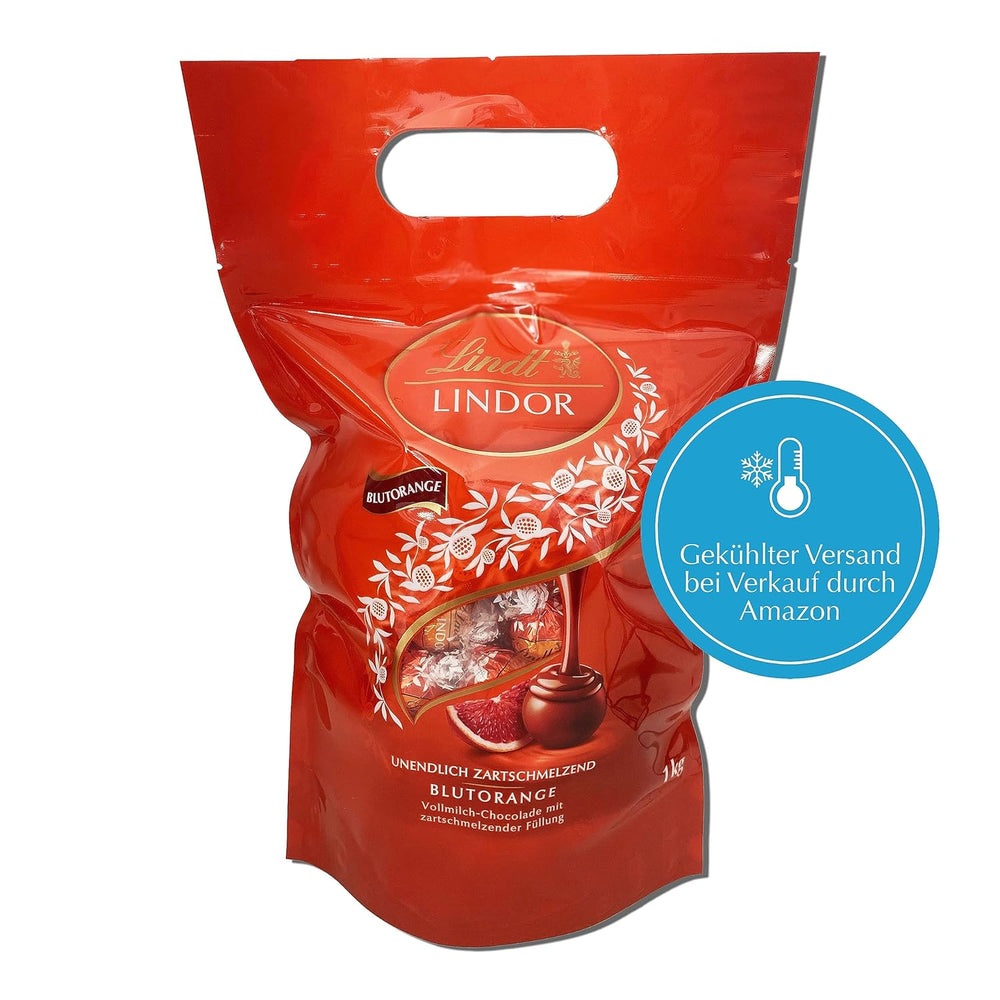 Lindt LINDOR Palline di cioccolato all'arancia rossa | Busta richiudibile da 1 kg | ca. 80 cioccolatini con ripieno scioglievole in bocca | Confezione sfusa, regalo di cioccolato