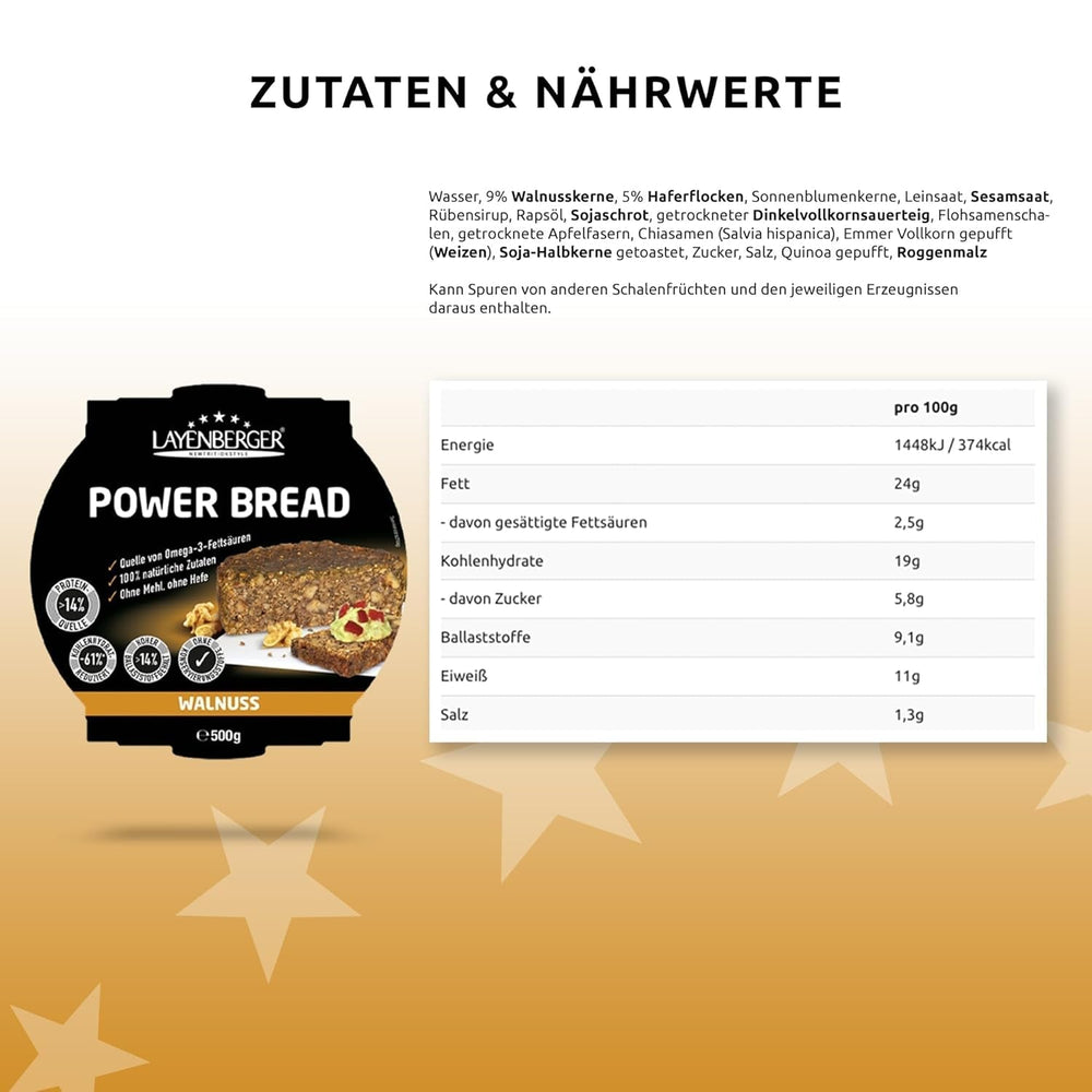 Layenberger Prower Bread Walnut, Eiweiß- Und Ballaststoffquelle, Ohne Konservierungsmittel, Ohne Hefe, Ohne Mehl, Mit 14G Protein Pro 100G, (1 X 500G) Miscela per cuocere e cuocere Naty Shop