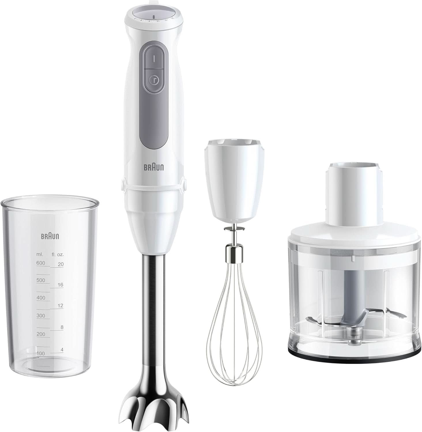 Braun Stabmixer MQ 5200WH - Multiquick 5 Vario Pürierstab Mit Edelstahl Mixfuß, 1000 Watt, Inkl. 600 Ml Mix- & Messbecher, Weiß/Grau Bucatarie Naty Shop Version 2024 - Schneebesen